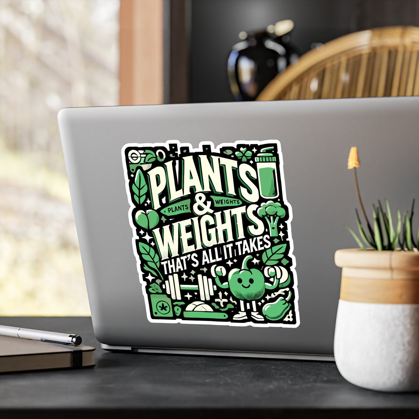 Plants & Weights That's All It Takes - Vegan fitness Sticker for Laptop Sticker. Water Bottle Sticker, Vinyl Healthy Decal - Vegan fitness Gift