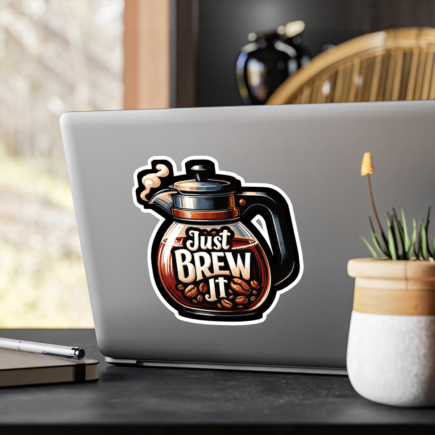Just Brew It  - Coffee Sticker for Car Window Laptop Sticker. Water Bottle Sticker, Vinyl Brew Decal, Caffeine Sticker - Coffee Gift