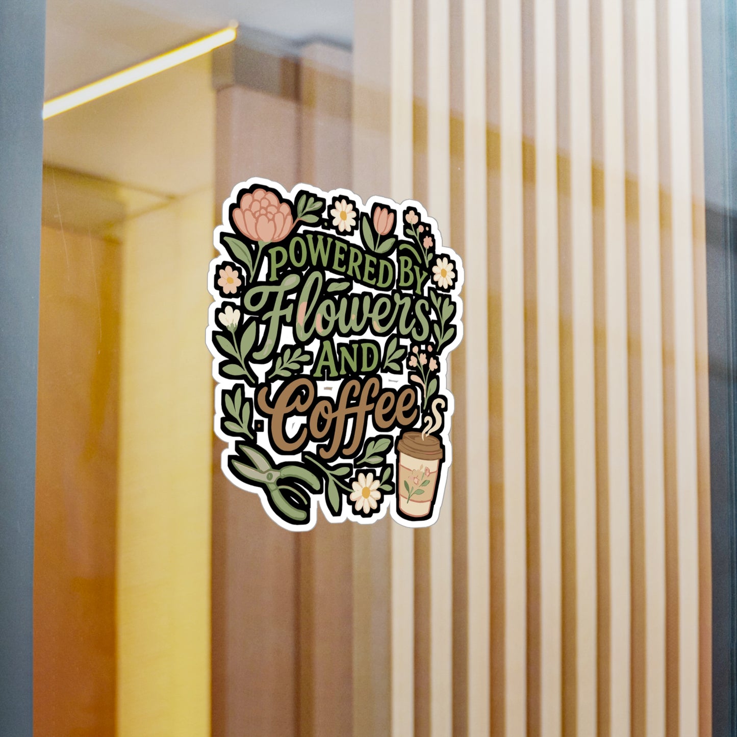 Powered By Flowers And Coffee - Florists Sticker for Laptop, Water Bottle, Gift for Flower Shop Owners, Botanical Lover