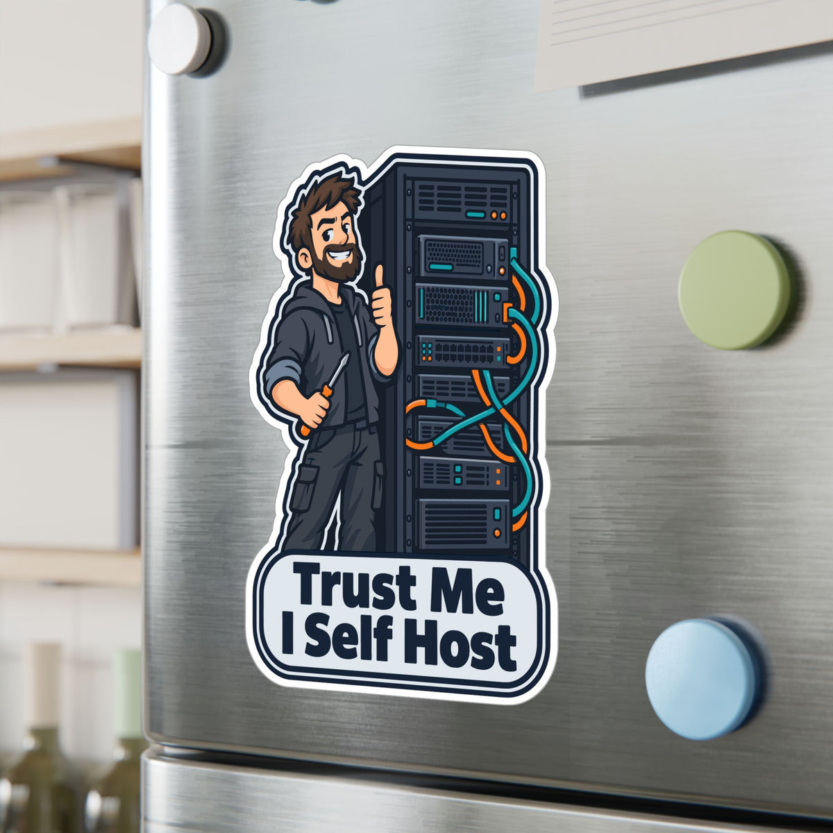 Tech Sticker – Trust Me I Self Host, Reboot Button Humor with a Bandage Twist, Decals for Laptop and Water Bottle