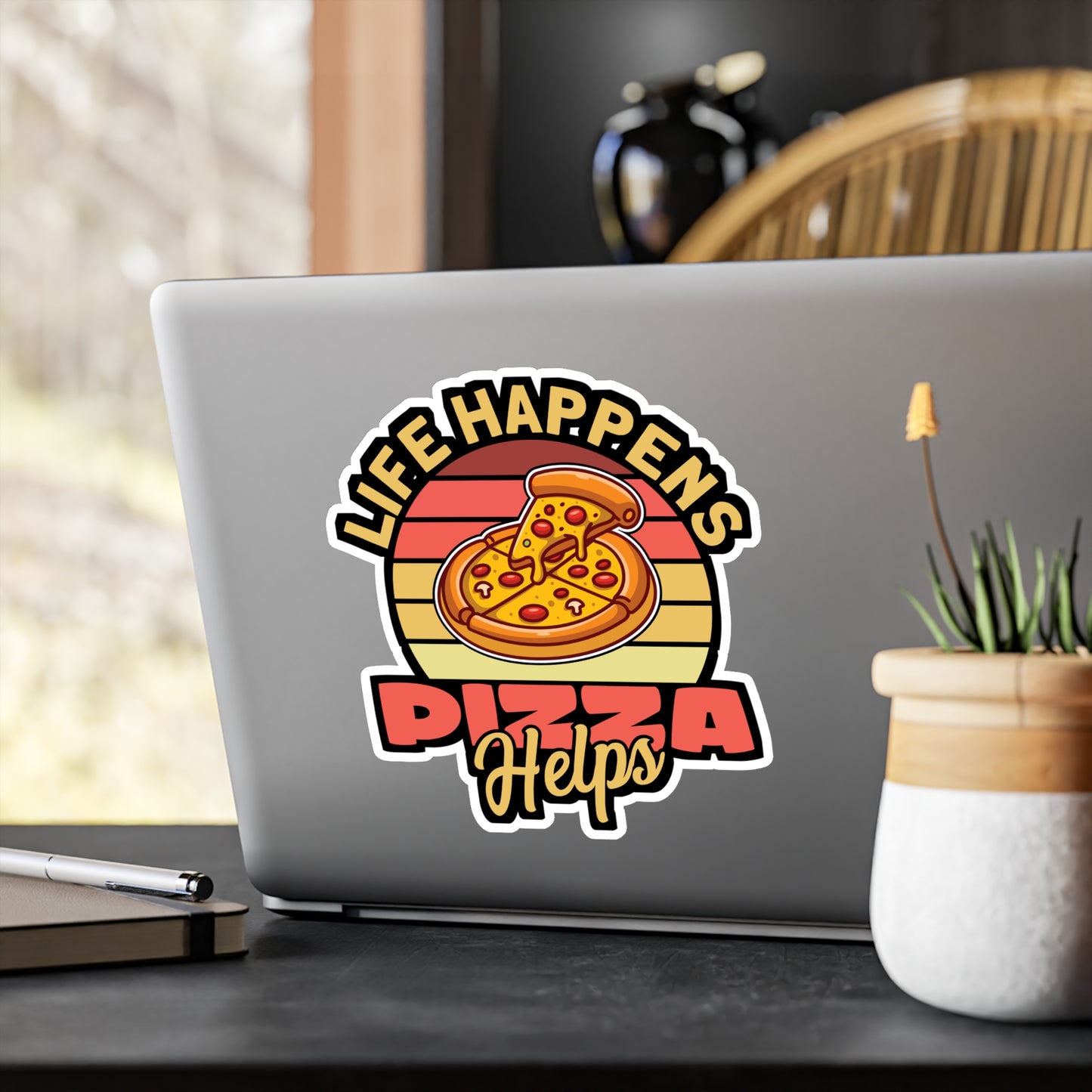 Life Happens Pizza Helps - Pizza Sticker for Laptop Sticker. Water Bottle Sticker, Vinyl Pyramid Decal - Pizza Gift