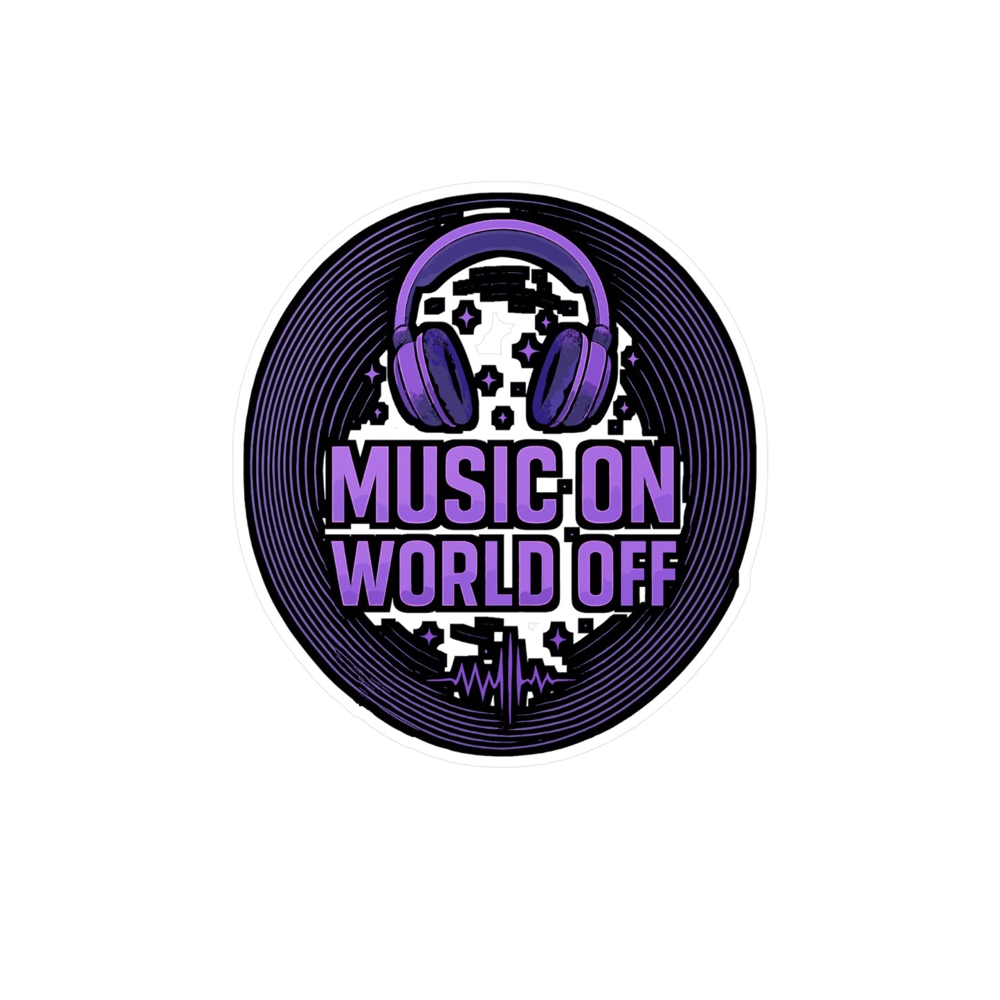 Music Sticker "Music On World Off" Decals – DJ Turntable Design, Waterproof Vinyl for Laptop, Water Bottle, Music Lovers Gift