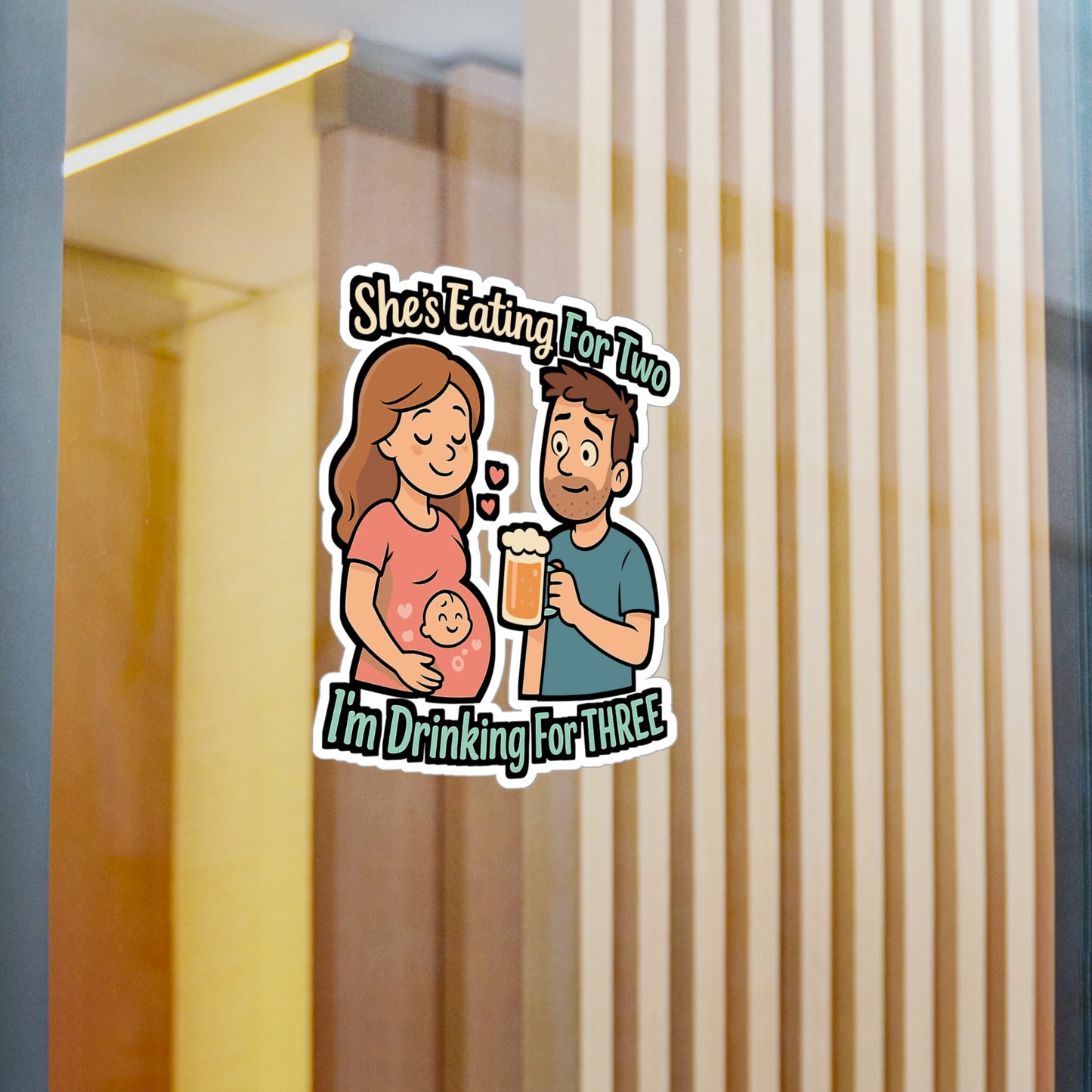 Pregnancy Sticker – "She's Eating For Two, I'm Drinking For Three" Decals | Funny Baby Announcement Vinyl, Waterproof for Laptop or Water Bottle