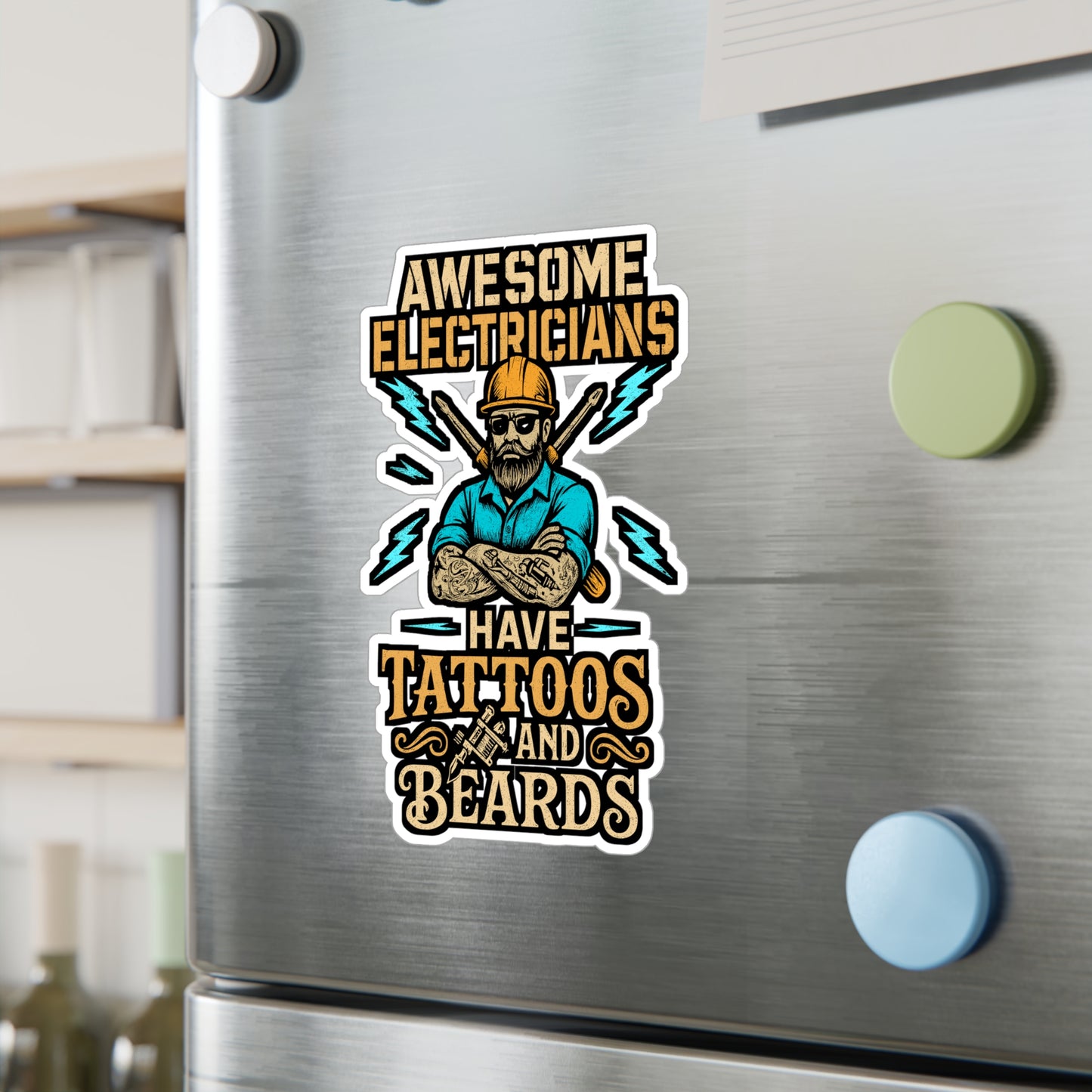 Awesome Electricians Have Tattoos and Beards – Vinyl Sticker for Laptop or Water Bottle | Funny Electrician Gift, Tool Box Decal