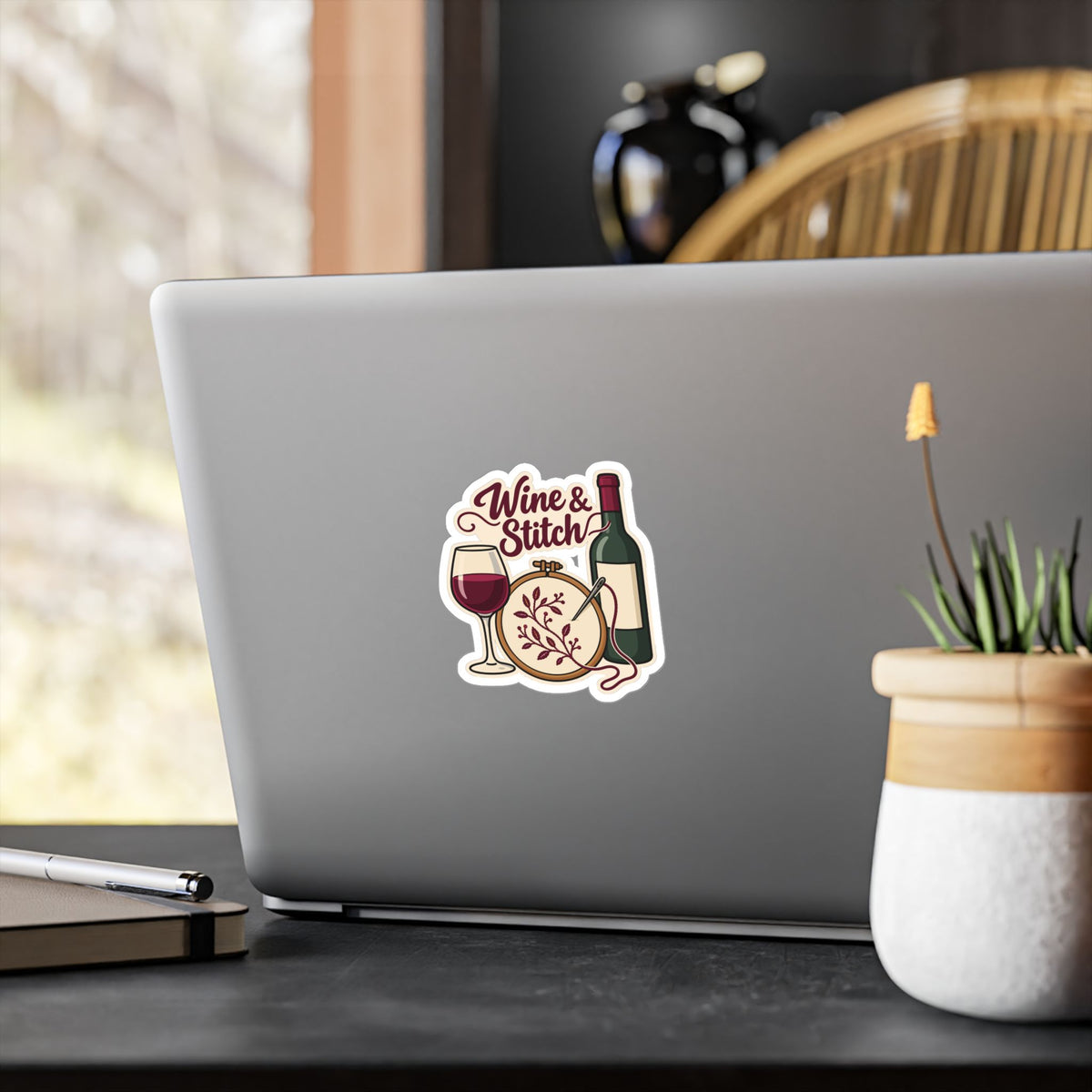 Embroidery Sticker - Wine & Stitch Design for Needlework and Stitching Fans, Crafting Decals for Laptop or Water Bottle