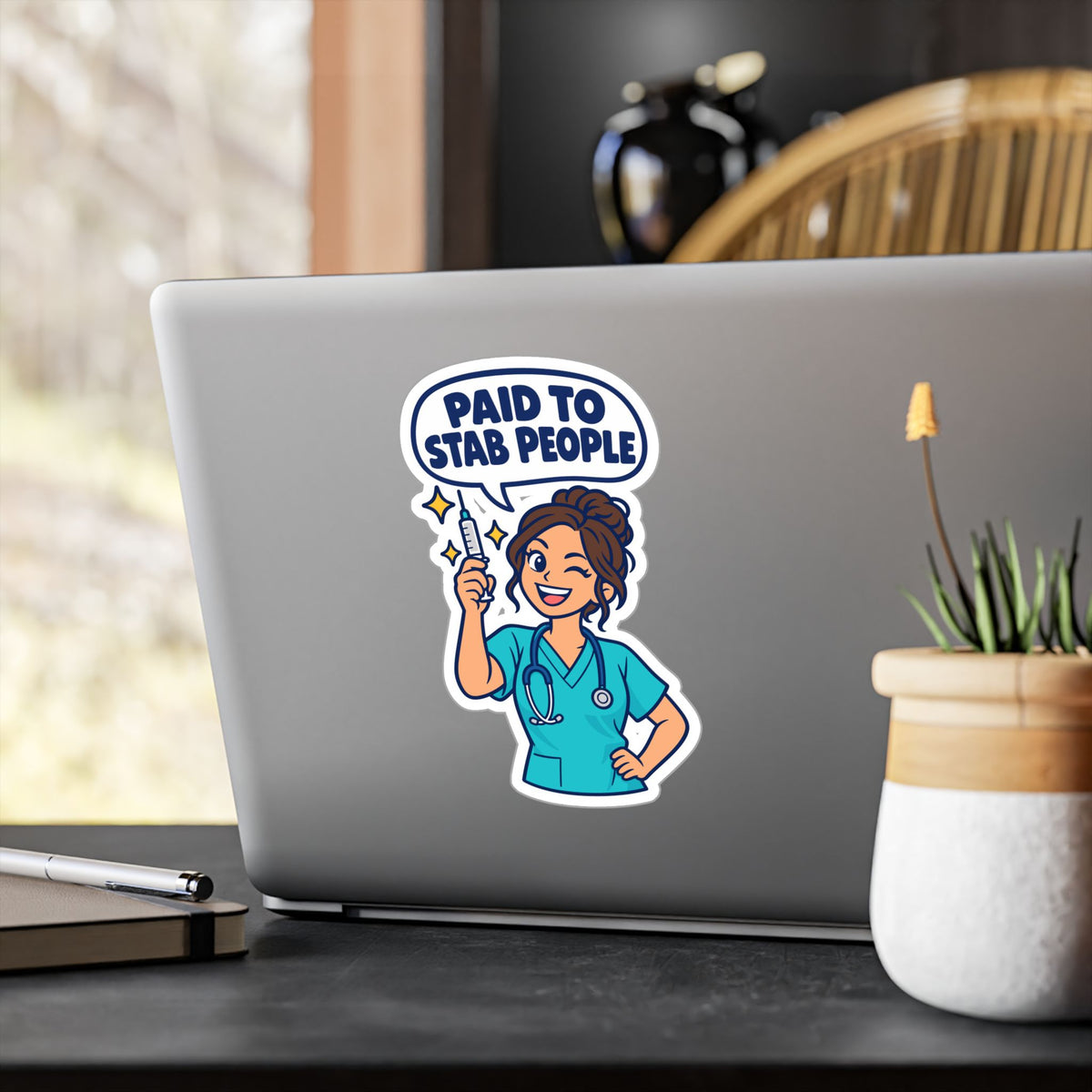 Nurse Sticker – “Paid to Stab People” Funny Nursing Student Vinyl Decals for Laptop, Water Bottle