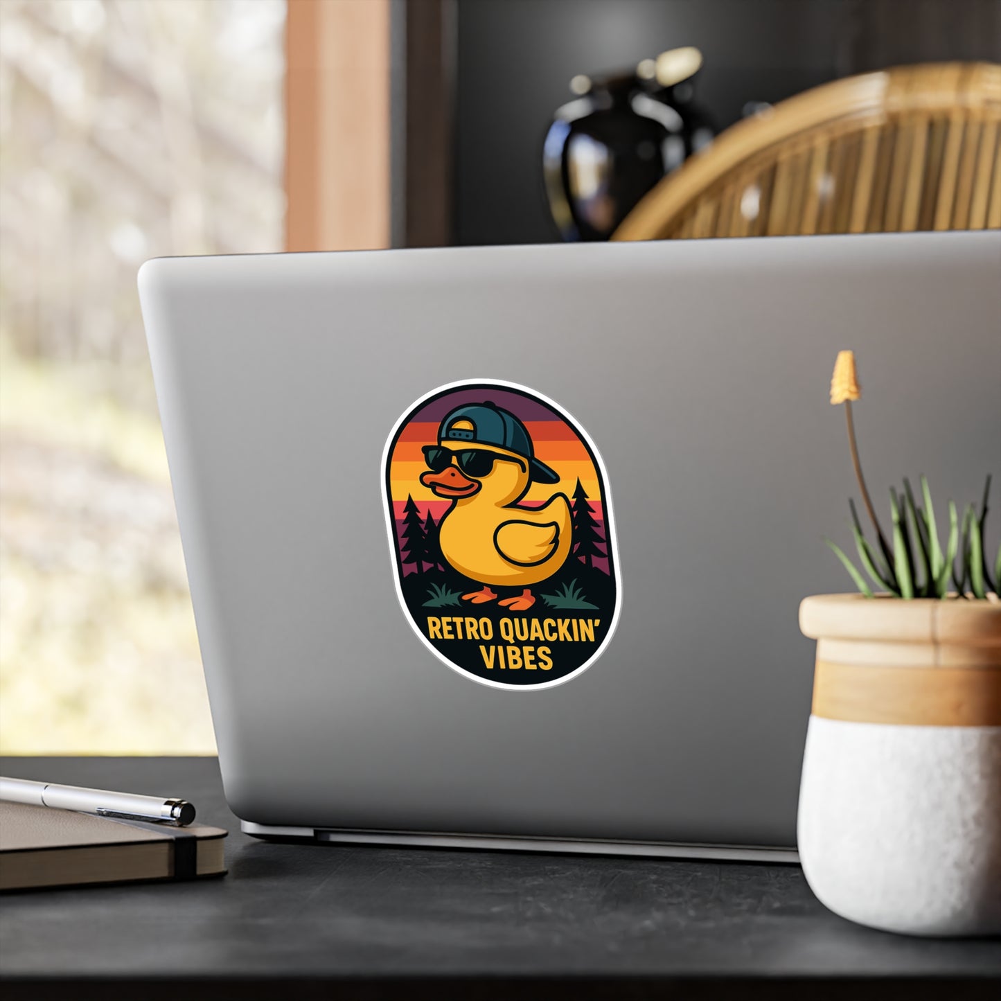 Cool Duck In Sunset Mountains - Retro Sticker for Laptop, Water Bottle, Gift for Teens and Vintage Lovers