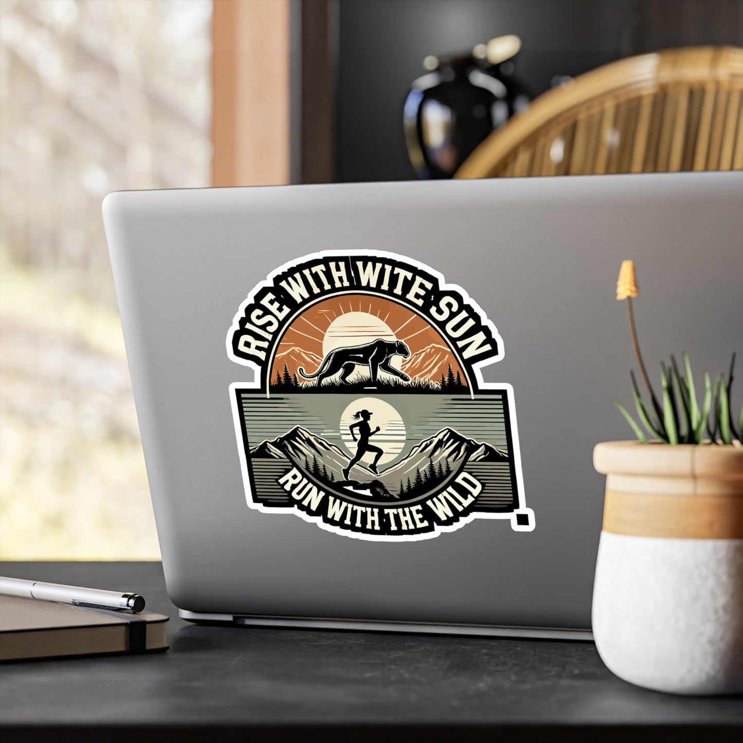 Rise with the Sun Run with the Wild - Trail running Sticker for Laptop Sticker. Water Bottle Sticker, Vinyl Hiking Decal - Trail running Gift