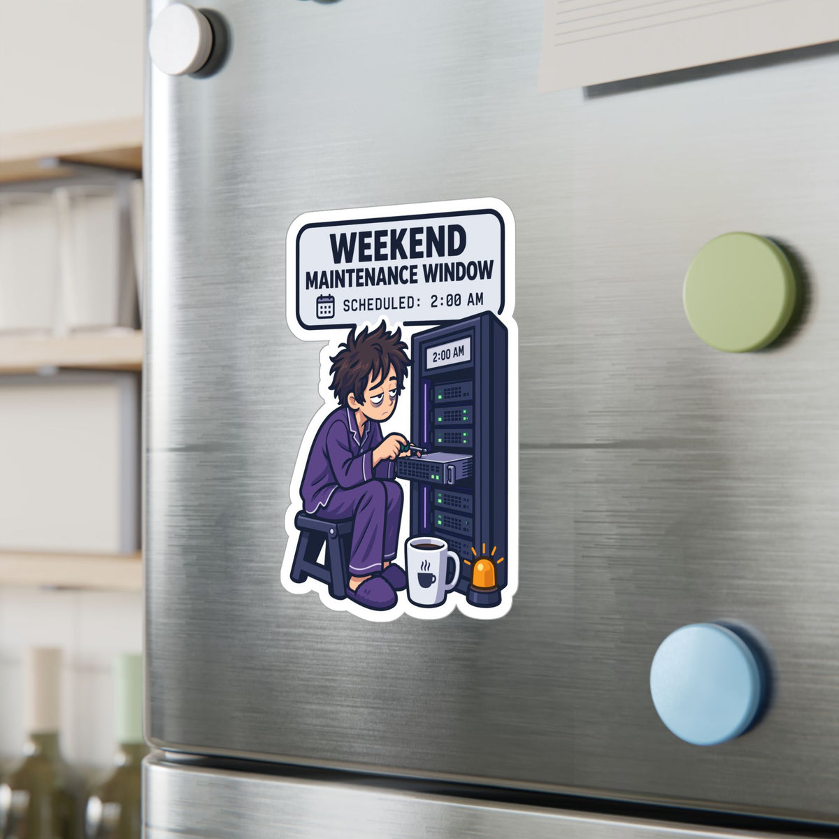Tech Sticker - Weekend Maintenance Window with Reboot Button and Bandage Design, Decals for Laptop and Water Bottle