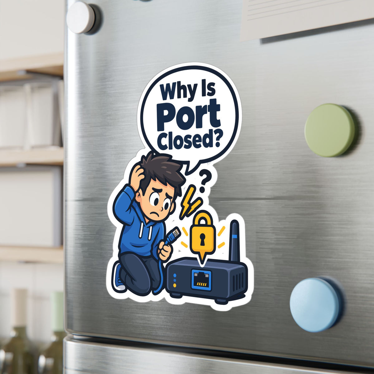 Tech Sticker - Why Is Port Closed - A Bandage for Your Reboot Button, Funny Decals for Laptop and Water Bottle