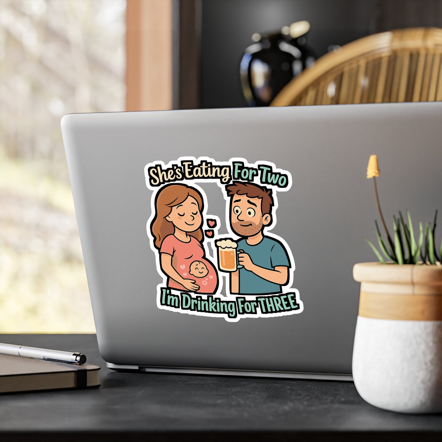 Pregnancy Sticker – "She's Eating For Two, I'm Drinking For Three" Decals | Funny Baby Announcement Vinyl, Waterproof for Laptop or Water Bottle