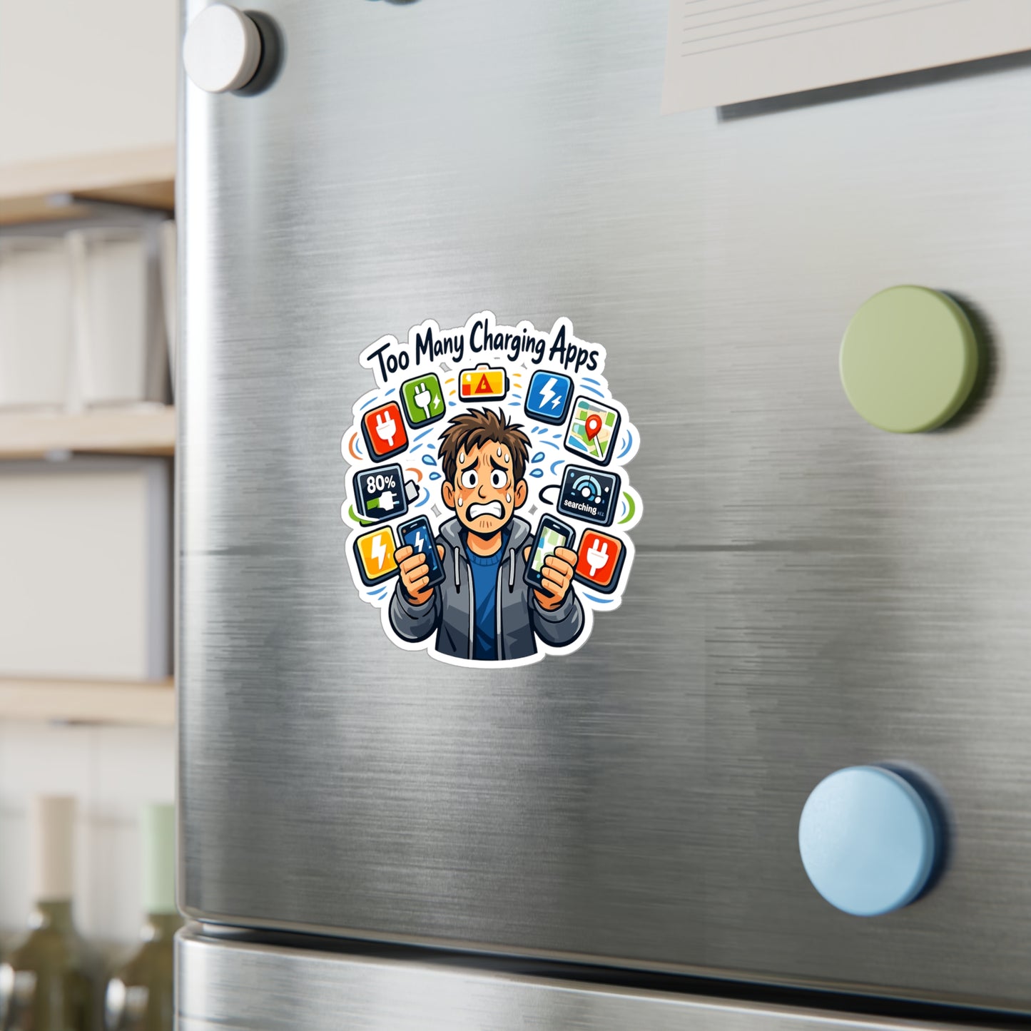 Electric Car Sticker "Too Many Charging Apps" Funny Electric Vehicle Vinyl Waterproof Stickers & Decals for Laptop, Water Bottle Rechargeable Battery