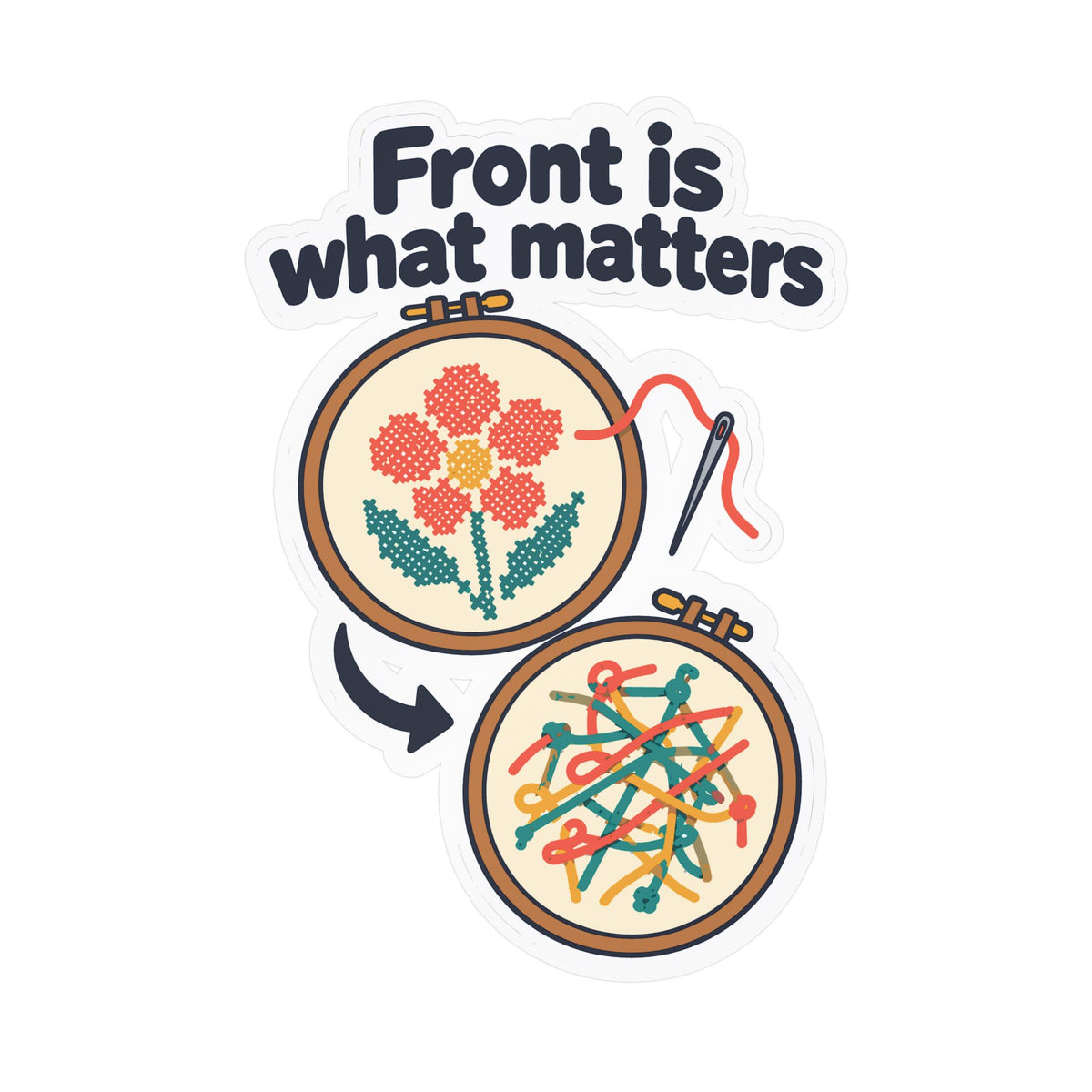 Embroidery Sticker - Front is what matters - Needlework Design for Crafting and Stitching Fans, Decals for Laptop or Water Bottle