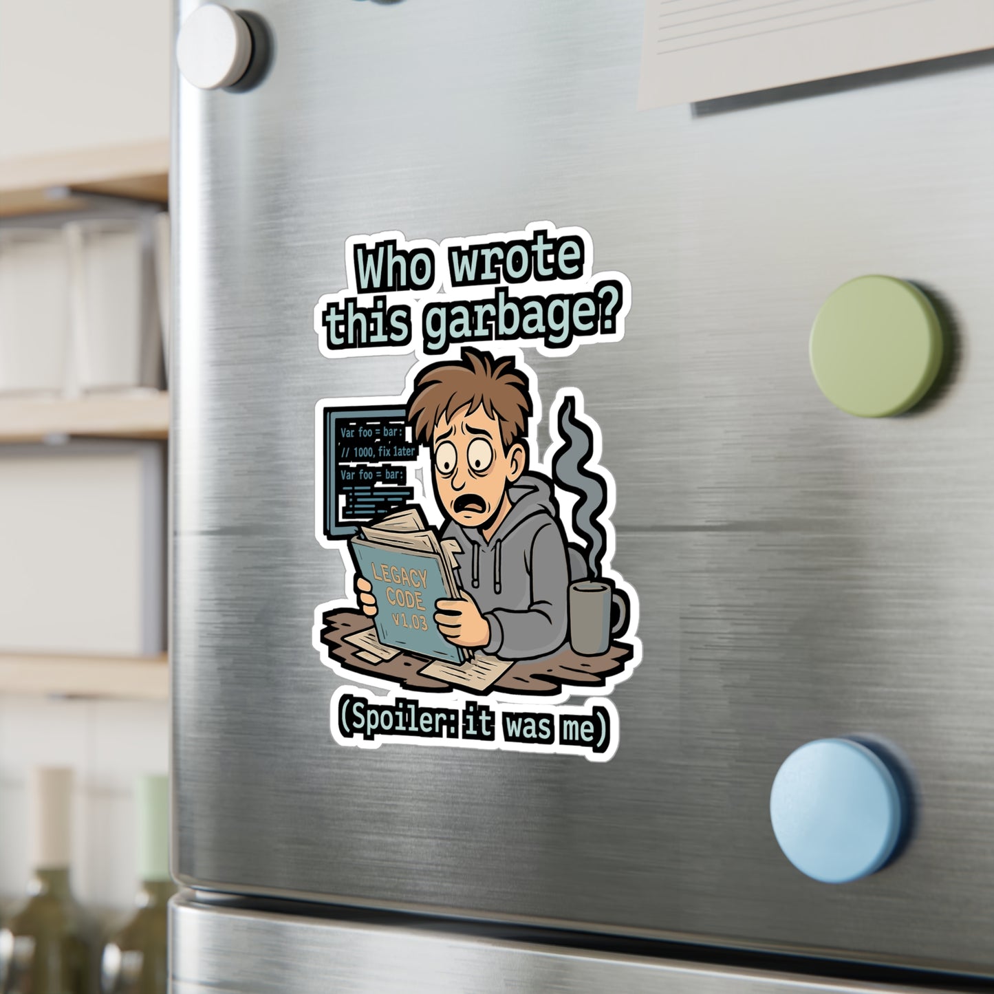 Coding Sticker – "Who Wrote This Garbage Spoiler It Was Me" Funny Debugging Decals for Laptop or Water Bottle, Vinyl Legacy Software Gift