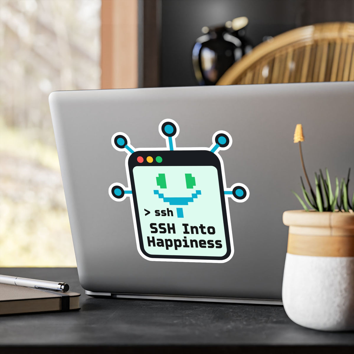 Tech Sticker - Ssh Into Happiness with Reboot Button and Bandage Motifs, Decals for Laptop and Water Bottle