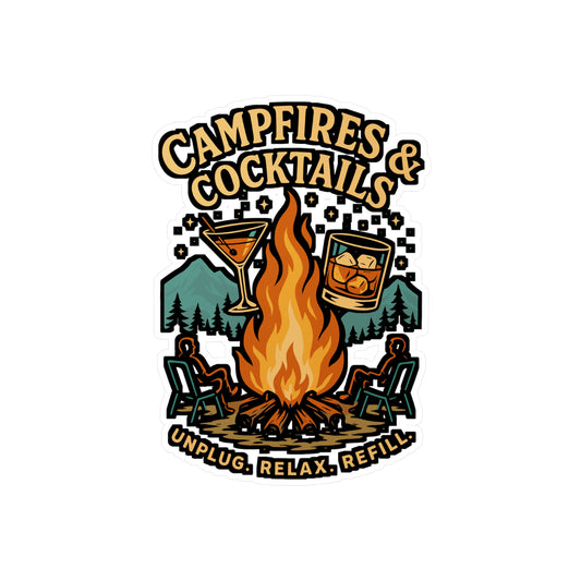 Campfires & Cocktails – Camping Sticker for Laptop or Water Bottle | Vinyl S’mores Decal, Outdoor Adventure Gift