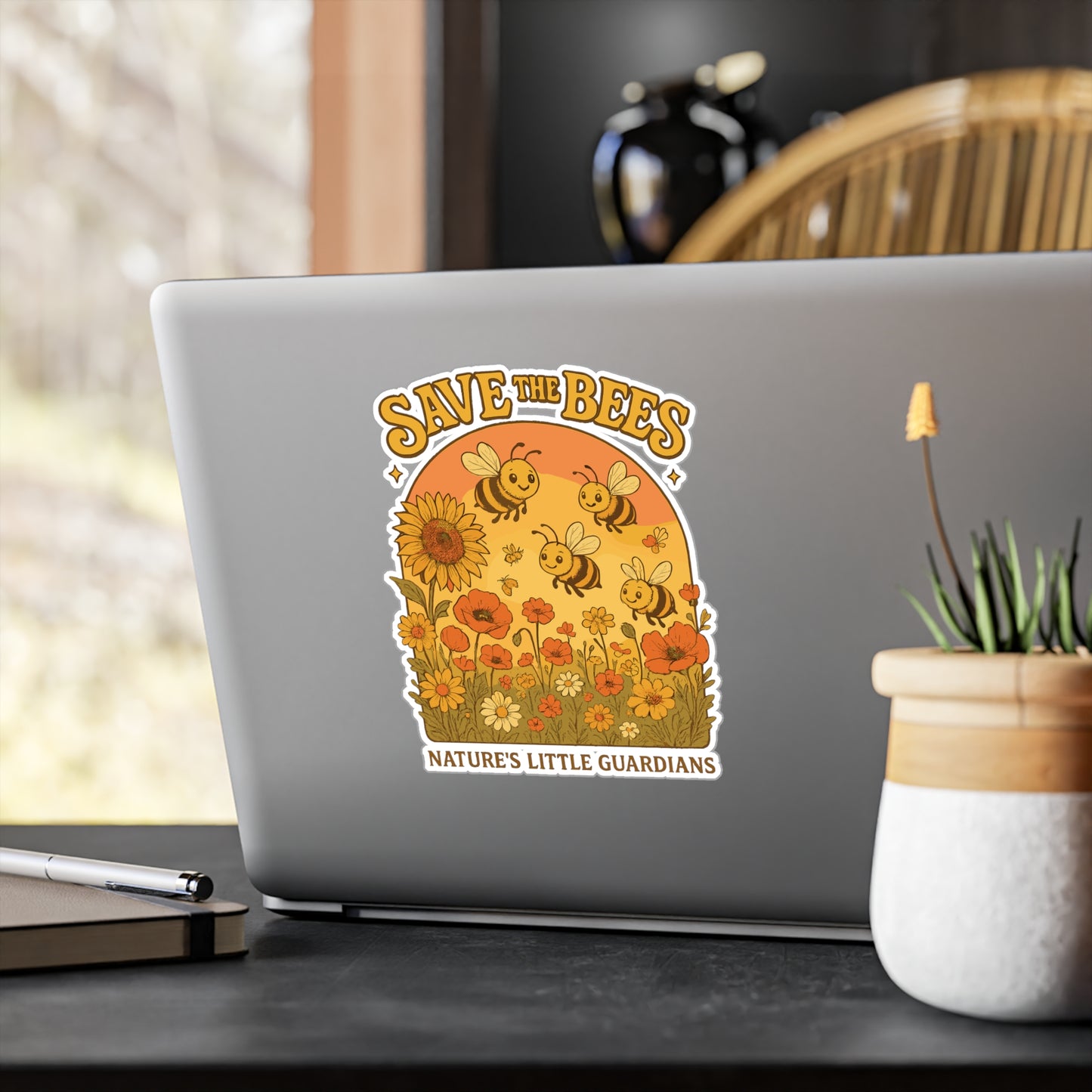 Bees Sticker Decals – Save The Bees Design with Sunflowers, Wildflowers & Honeycomb, Waterproof Vinyl, for Laptop, Water Bottle