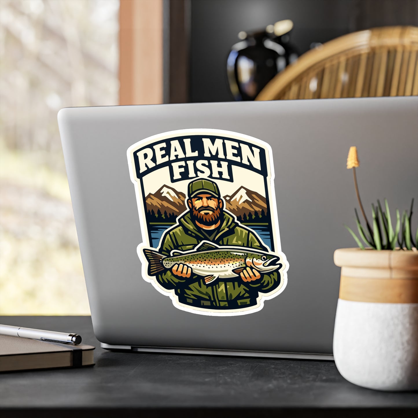 Fishing Sticker Real Men Fish Funny Angling Decals Waterproof Vinyl for Laptop Water Bottle Lake Boating Gift