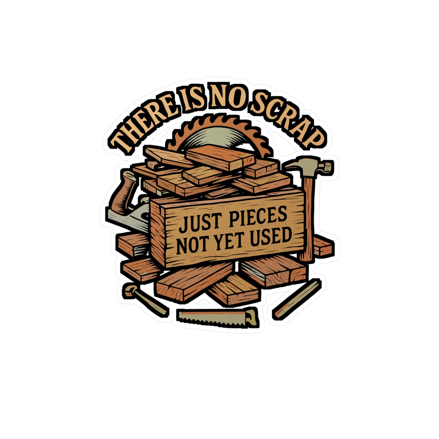 There Is No Scrap Wood Just Pieces Not Yet Used – Carpenter Sticker for Laptop or Water Bottle | Vinyl Hammer Decal, Woodworker Gift, Funny Workshop Sign