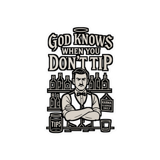 God Knows When You Don't Tip – Bartender Sticker for Laptop or Water Bottle | Funny Service Industry Decal Gift