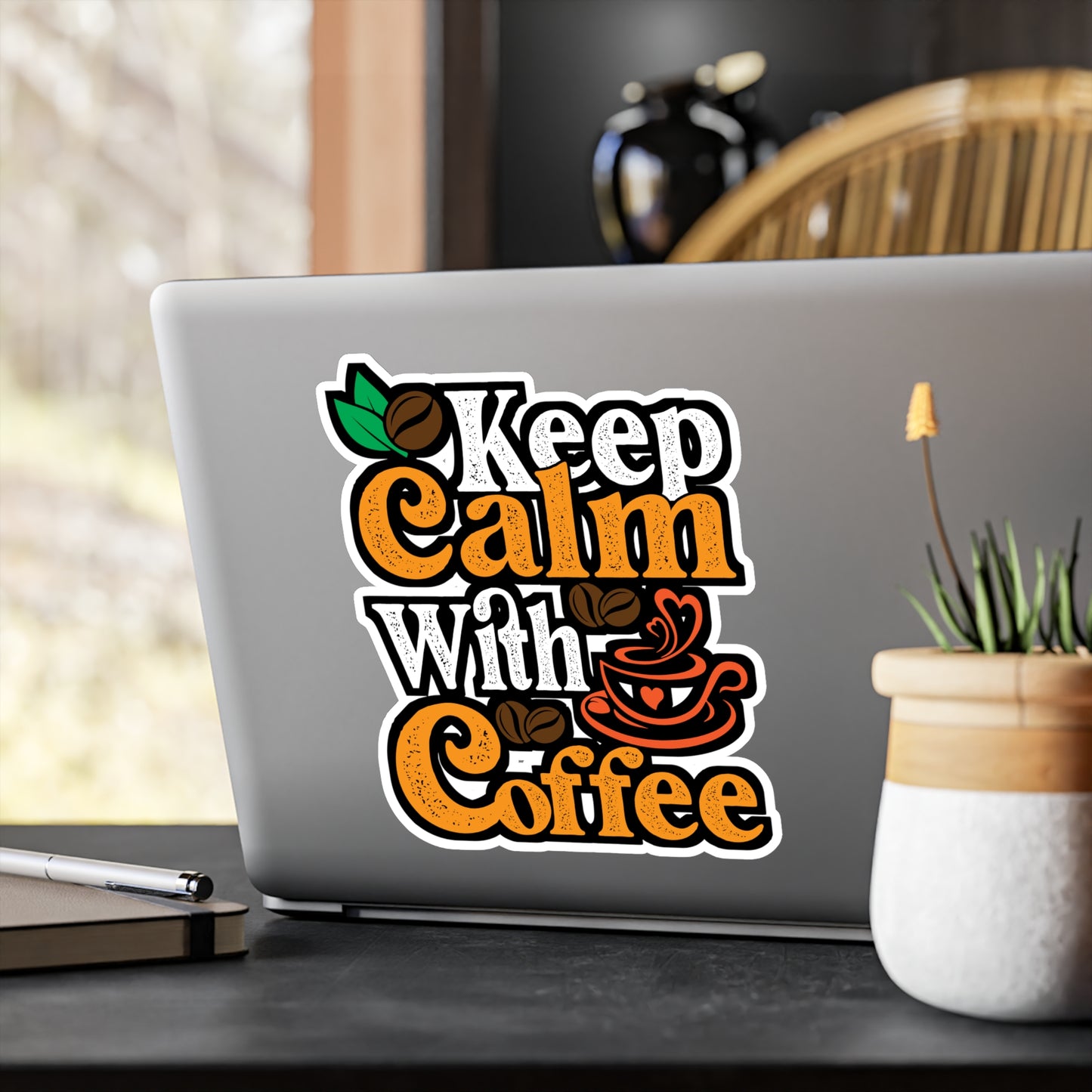 Keep Calm With Coffee - Coffee Sticker for Laptop Sticker. Water Bottle Sticker, Vinyl Cappuccino Decal - Coffee Gift