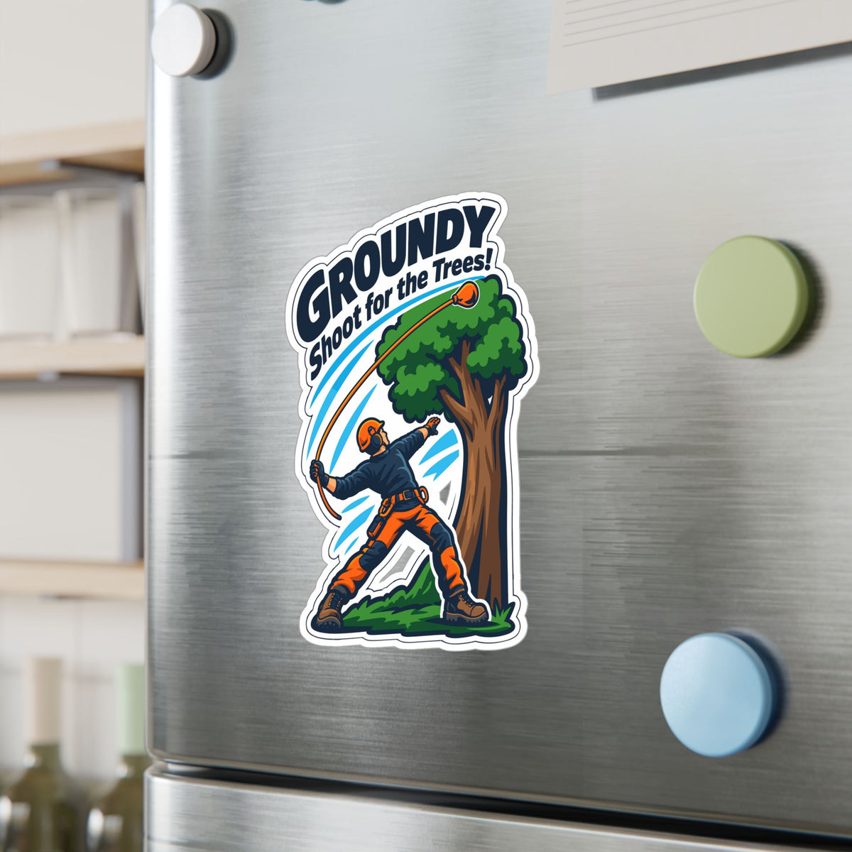 Tree Sticker – Groundy Shoot for the Trees! Funny Tree Worker and Branch Manager Decals for Laptop or Water Bottle