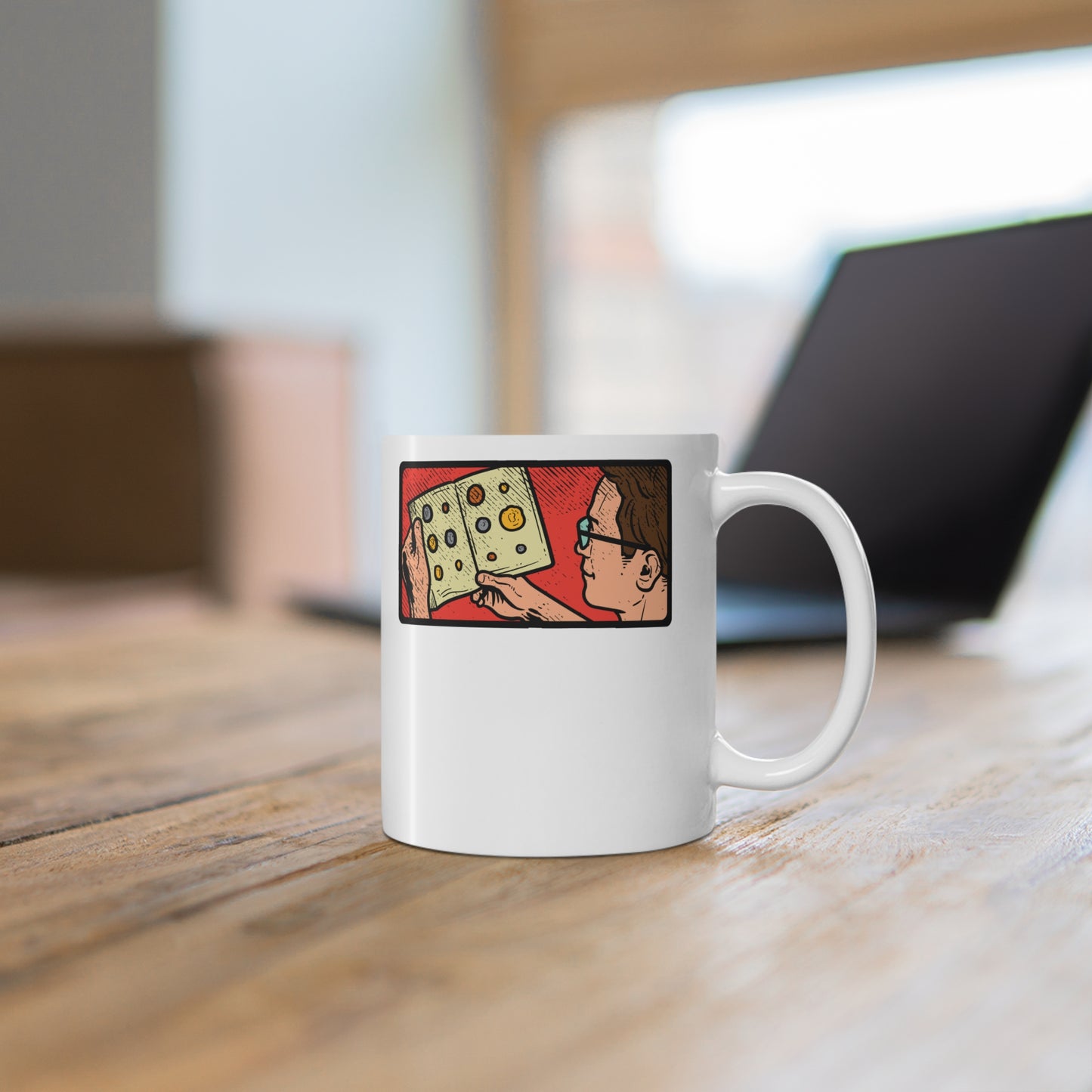 Coin Collector reading his album - Coin-collection Mug for Coffee 11oz. Coin-collection Cup, White ceramic, Relic Mug - Coin-collection Gift