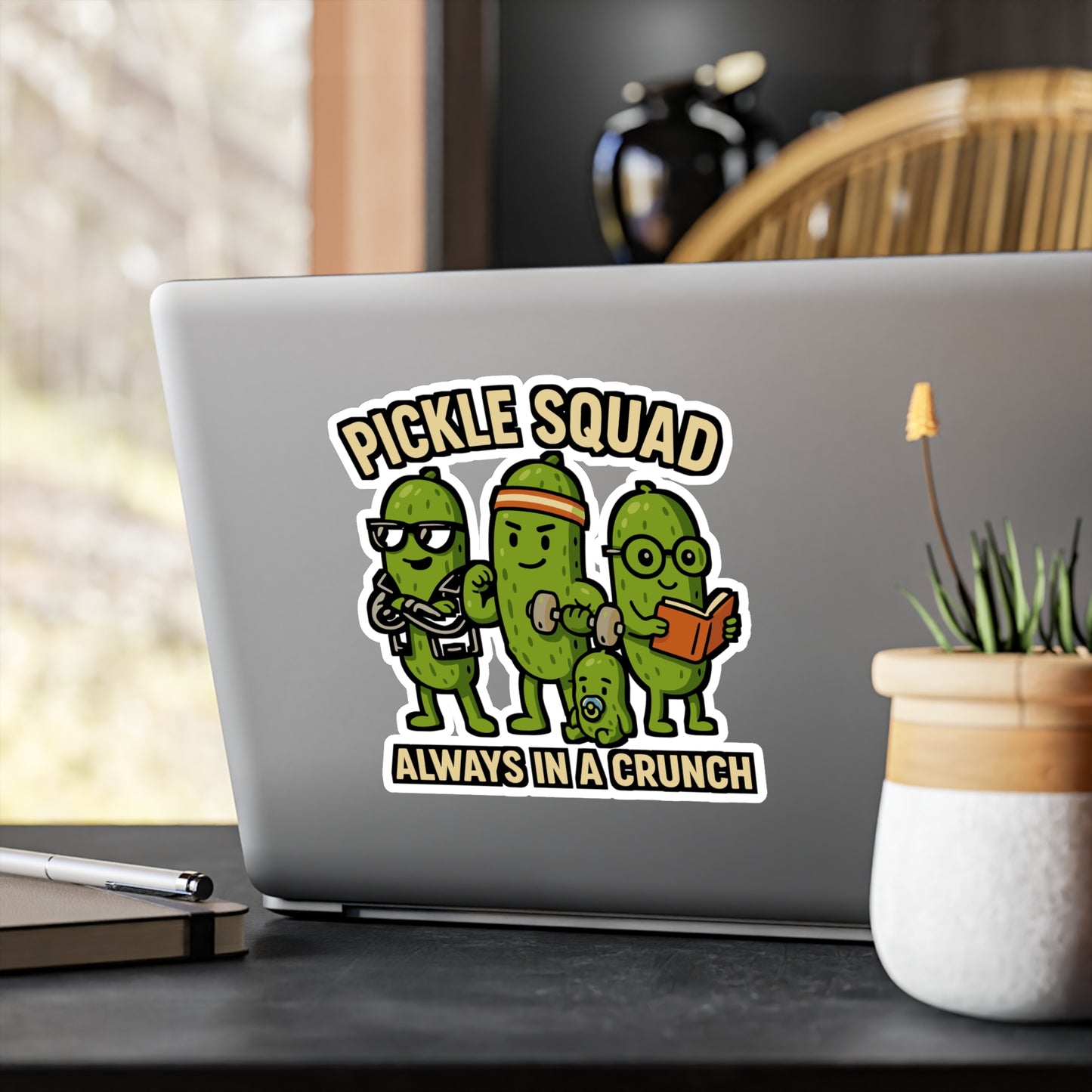 Pickle Squad – Always in a Crunch | Funny Pickle Sticker for Laptop or Water Bottle | Vinyl Cucumber Decal, Unique Food Gift