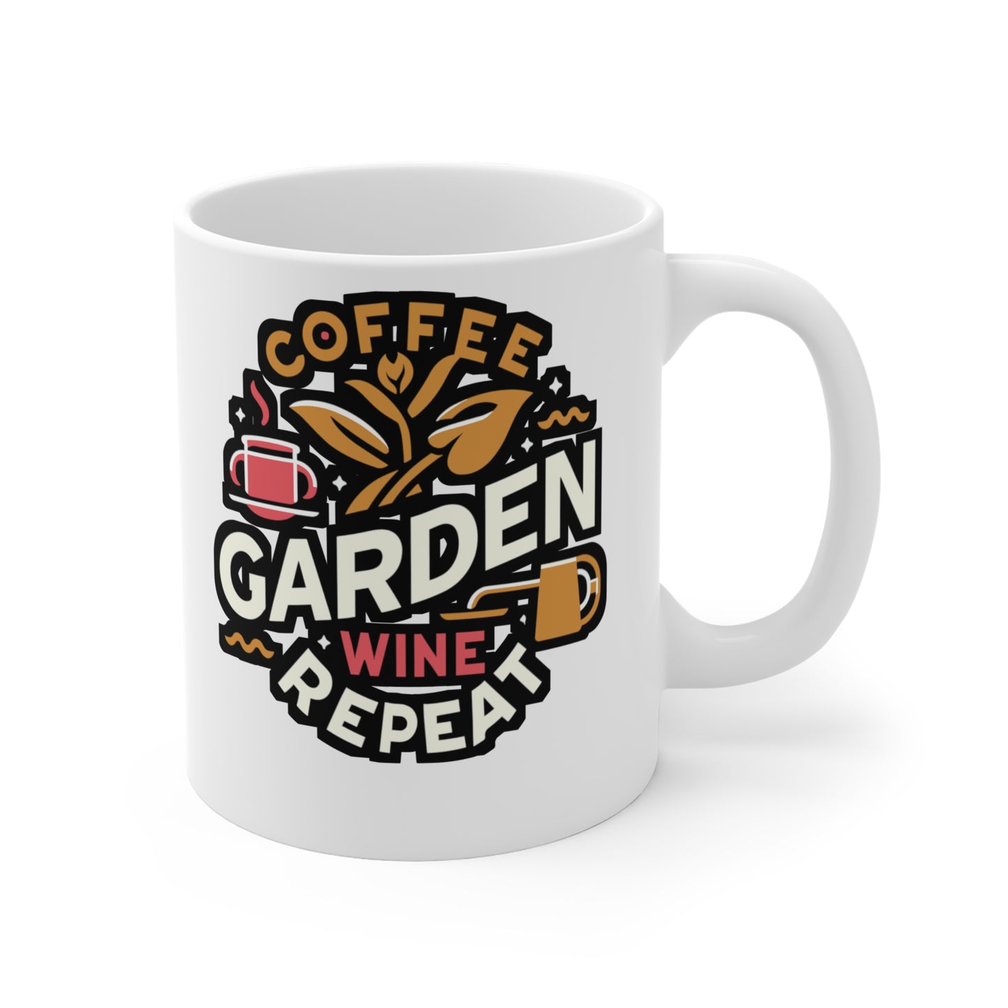 Coffee Garden Wine Repeat - Gardening Mug for Coffee 11oz. Gardening Cup, White ceramic, Landscaper Mug, Lawn-mower Tea Cup - Gardening Gift