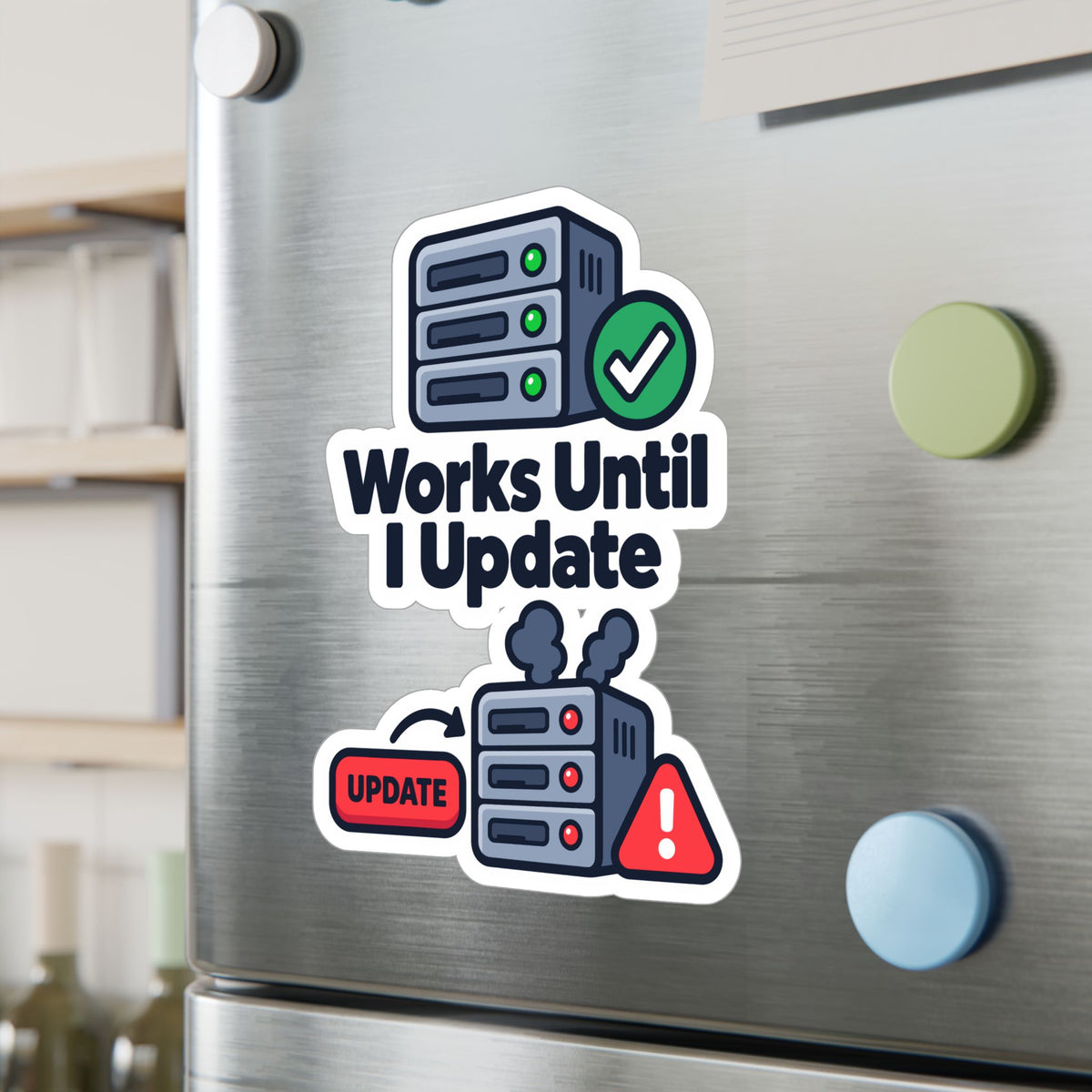 Tech Sticker Works Until I Update – Funny Reboot Button Bandage Design, Decals for Laptop and Water Bottle