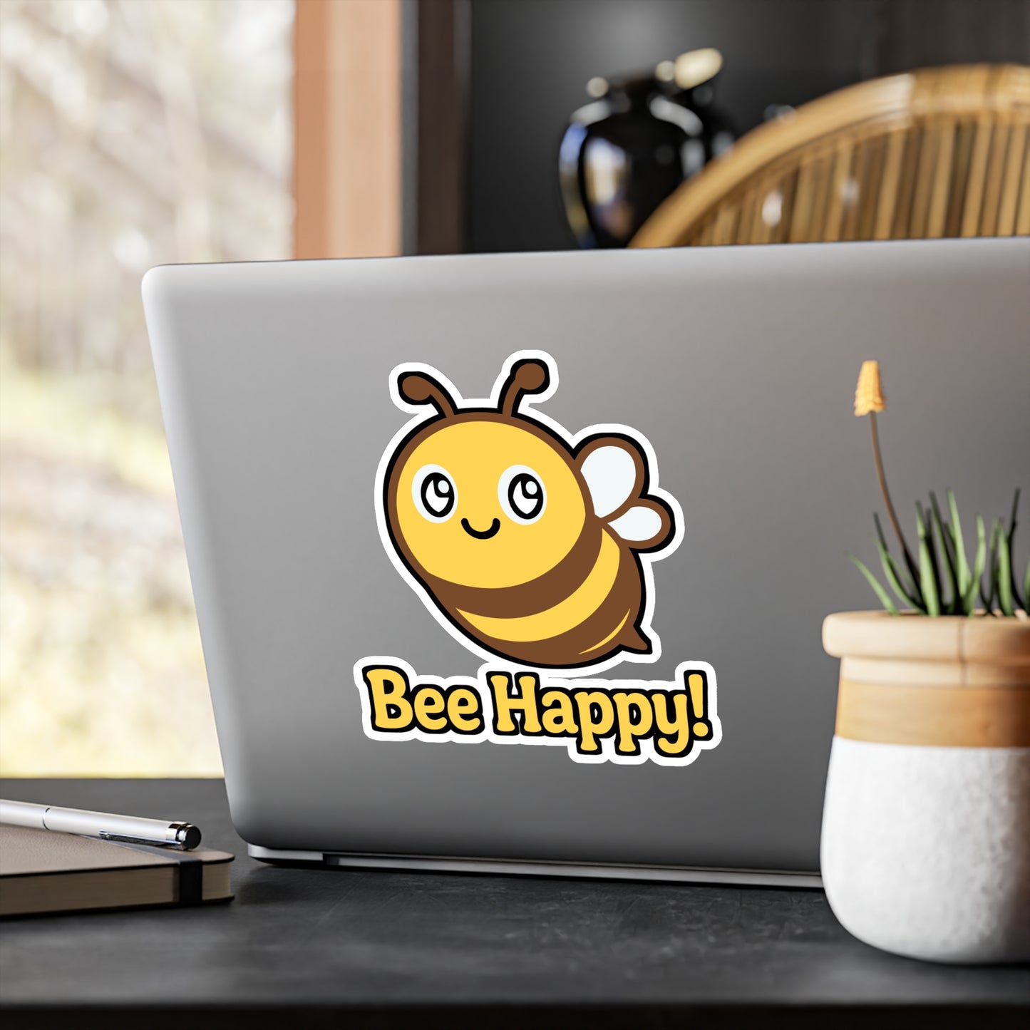 Bee Sticker – Cute Cartoon Smiling Bee Decals, Yellow Stripes Insect Design for Laptop, Water Bottle, Waterproof Vinyl