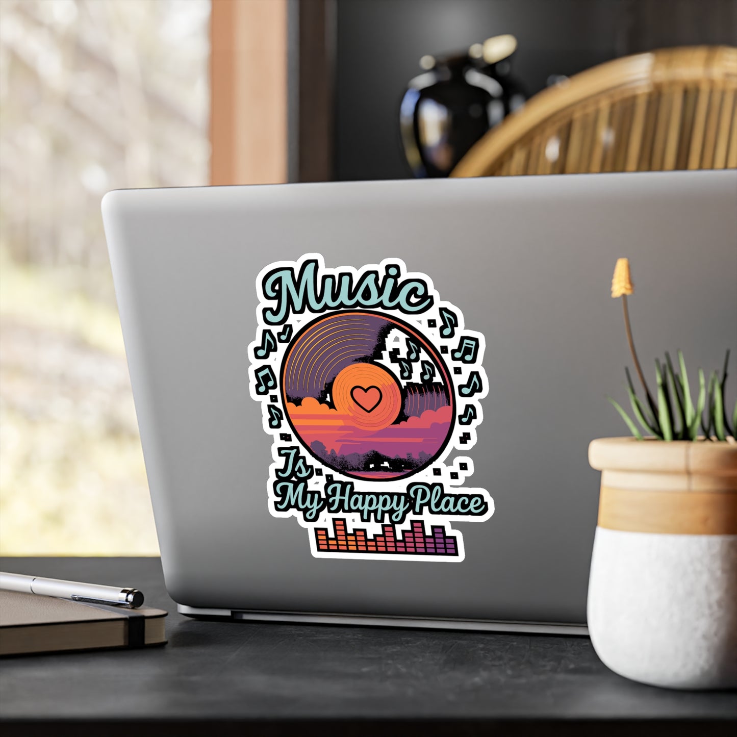 Music Sticker "Music Is My Happy Place" Decals for Laptop, Water Bottle, Singer Gift, Waterproof Vinyl, Microphone & Singing Lovers