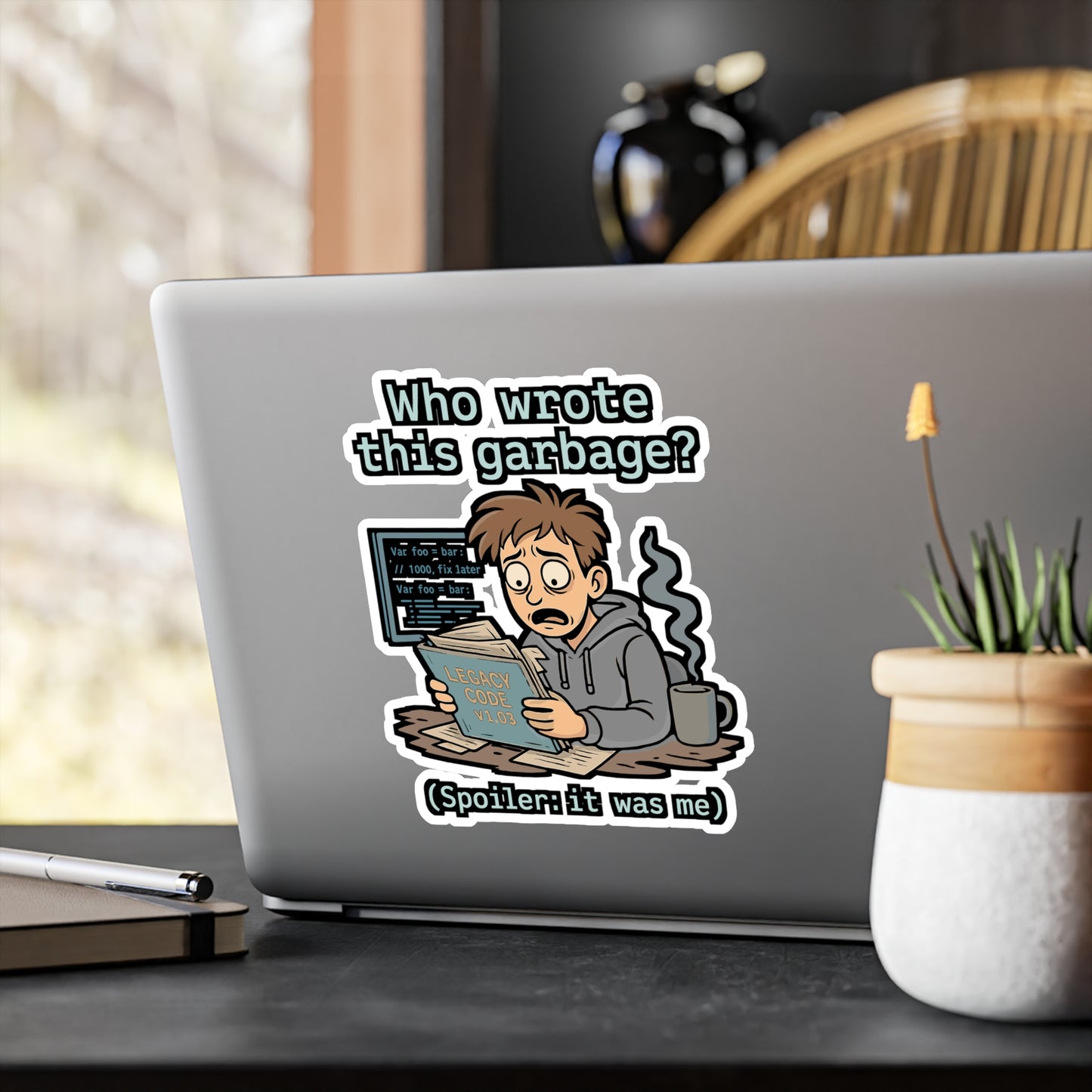 Coding Sticker – "Who Wrote This Garbage Spoiler It Was Me" Funny Debugging Decals for Laptop or Water Bottle, Vinyl Legacy Software Gift