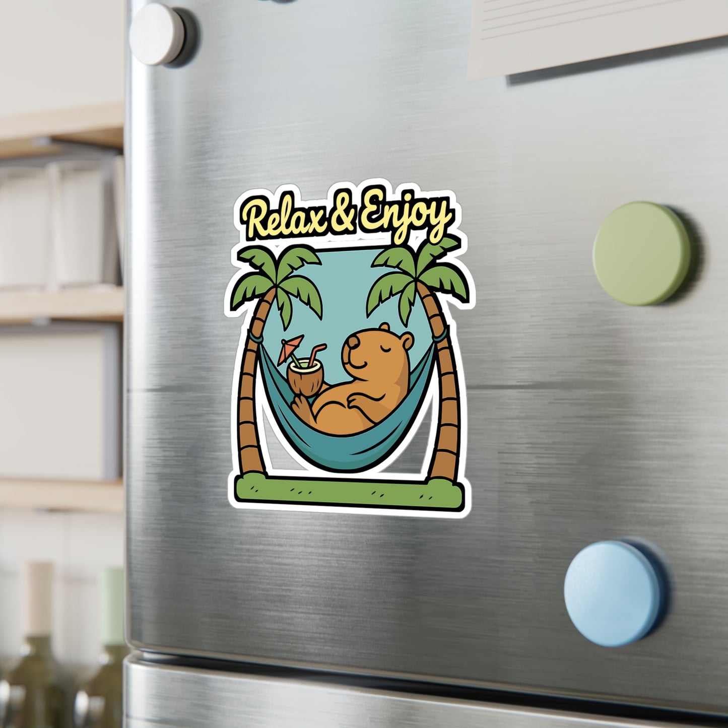 Capybara Sticker – Relaxing Capybara in Hammock Decals for Laptop, Water Bottle, Cute Vacation Relaxation Vinyl, Waterproof Decor