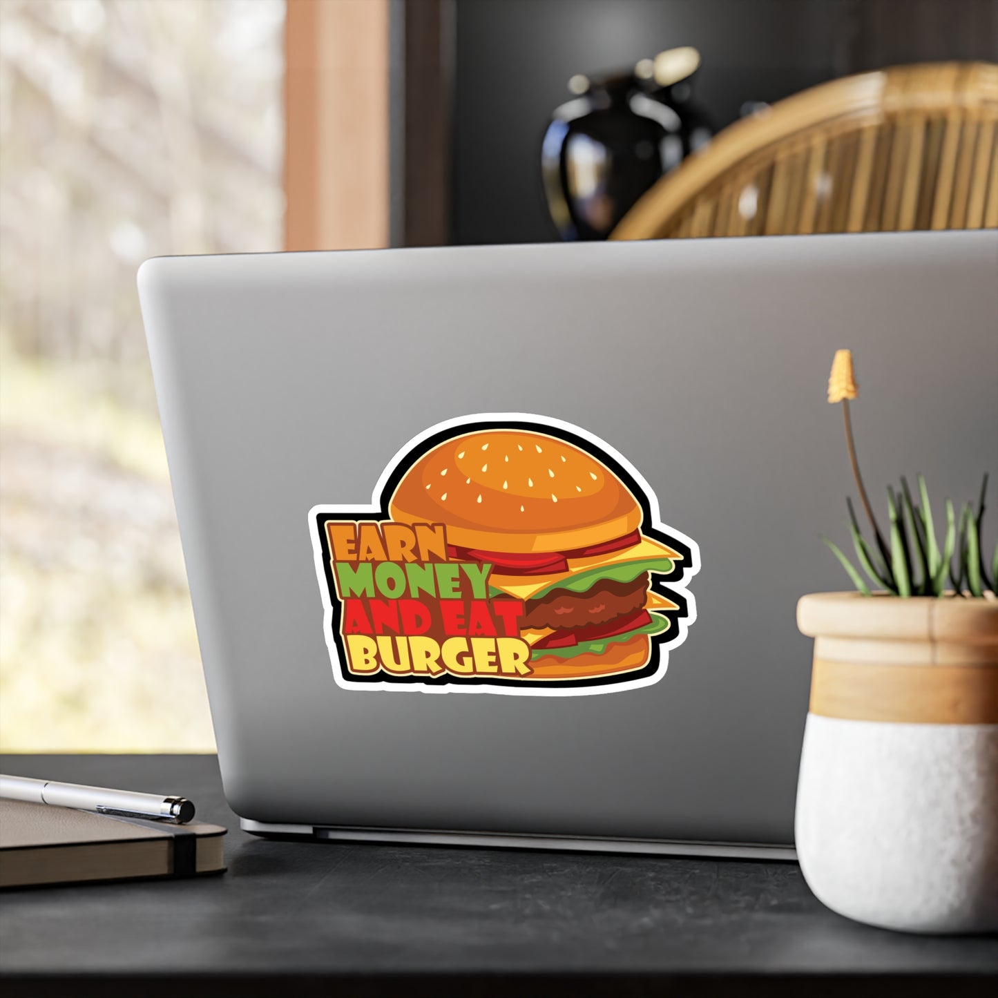 Earn Money And Eat Burger - Fastfood Sticker for Laptop Sticker. Water Bottle Sticker, Vinyl Fast food Decal - Fastfood Gift