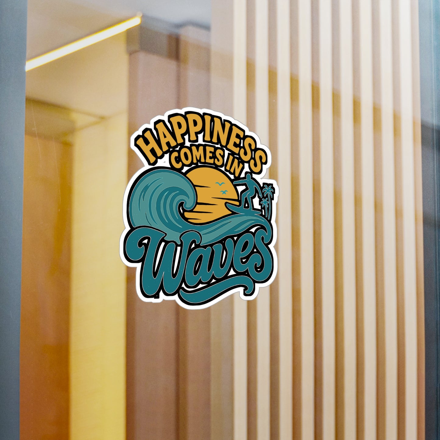 Happiness Comes In Waves - Surfing Sticker for Laptop, Water Bottle - Beach Lovers Gift, Surfer Girls & Boys
