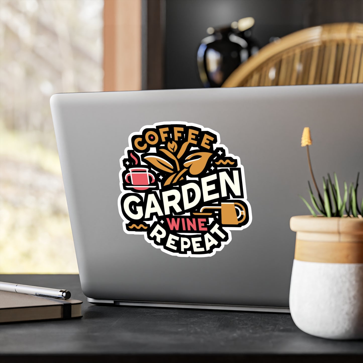 Coffee Garden Wine Repeat - Gardening Sticker for Car Laptop Sticker. Water Bottle Sticker, Vinyl Landscaper Decal - Gardening Gift