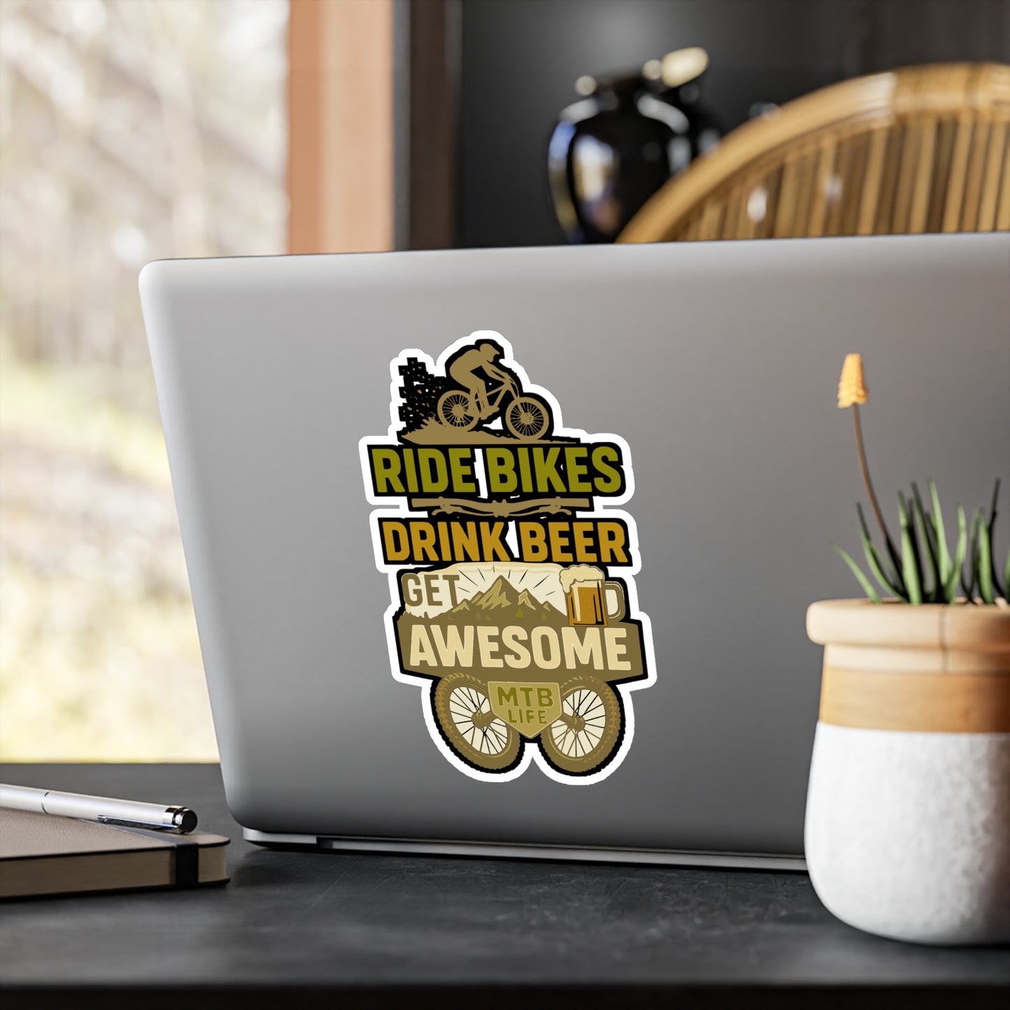 Ride Bikes Drink Beer Get Awesome - Mountain Biker Sticker for Water Bottle, Laptop, Mountain Biker Gift, Cycling Enthusiast Decal