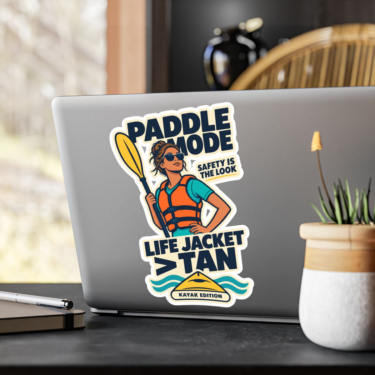 Kayak Sticker - Life Jacket Over Tan Design for Kayaking and Rowing Fans, Kayaker Decals for Laptop or Water Bottle