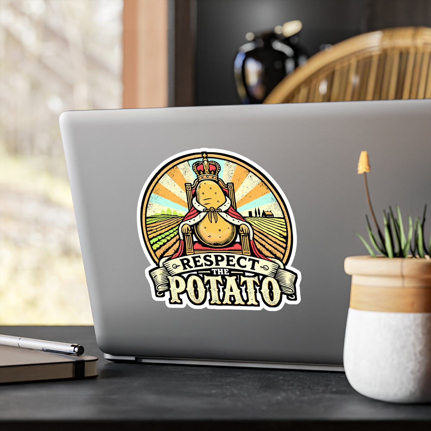 Respect The Potato – Vinyl Potato Sticker for Car, Laptop & Water Bottle | Vegan Gift, Funny Potato Decal