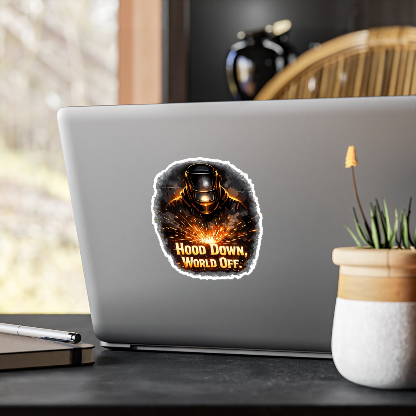 Welder Sticker "Hood down, world off." Welding Fabricator Arch Decals Waterproof Vinyl for Laptop or Water Bottle