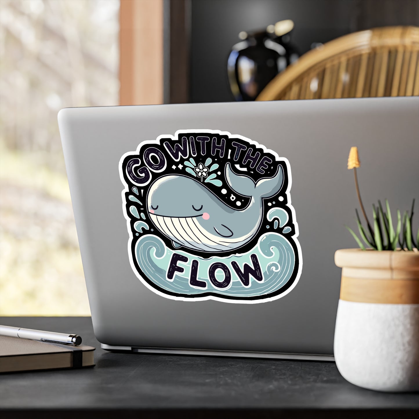 Go with the Flow - Cute whale Sticker for Laptop Sticker. Water Bottle Sticker, Vinyl Ocean vibes Decal - Cute whale Gift