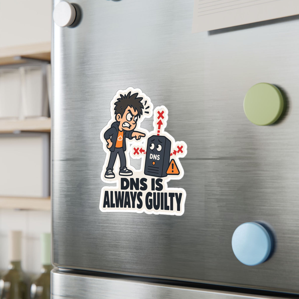 Frustrated Sticker - DNS Is Always Guilty, Cartoon Homelabber Pointing Accusingly, Funny Decals for Laptop and Water Bottle