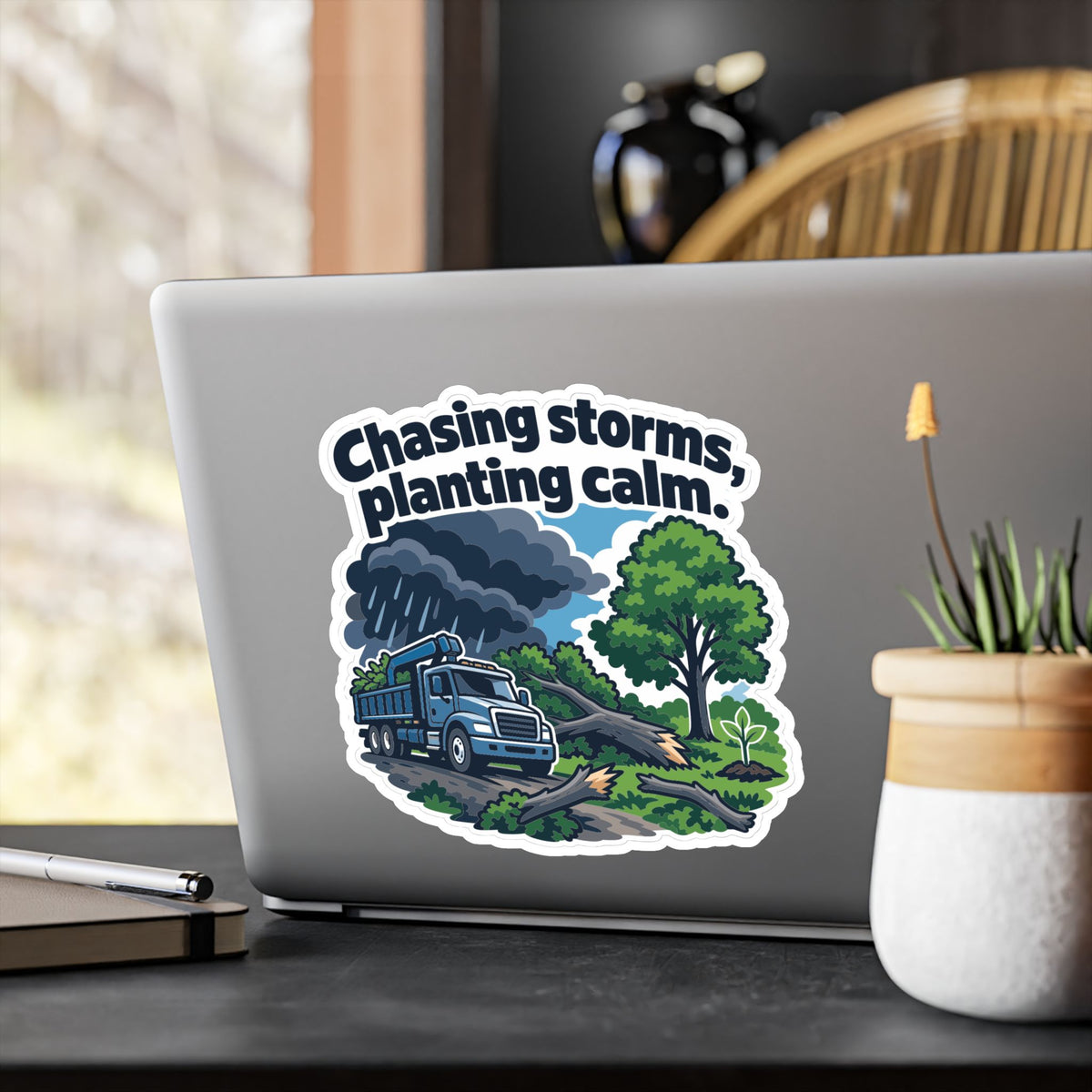 Tree Sticker - Chasing Storms, Planting Calm - Tree Worker and Branch Manager Decals for Laptop or Water Bottle