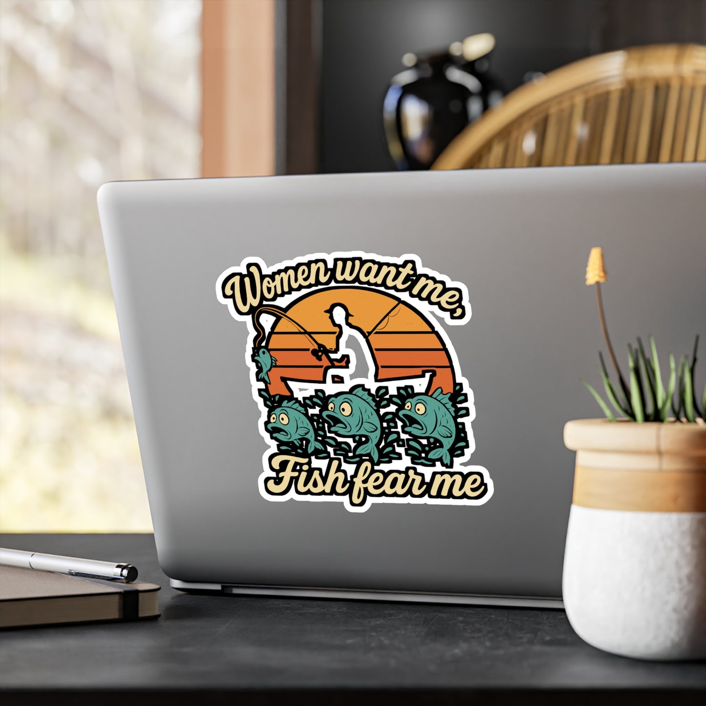 Fishing Sticker – "Women Want Me, Fish Fear Me" Decals for Angler, Fisherman, Angling, Waterproof Vinyl for Laptop, Water Bottle