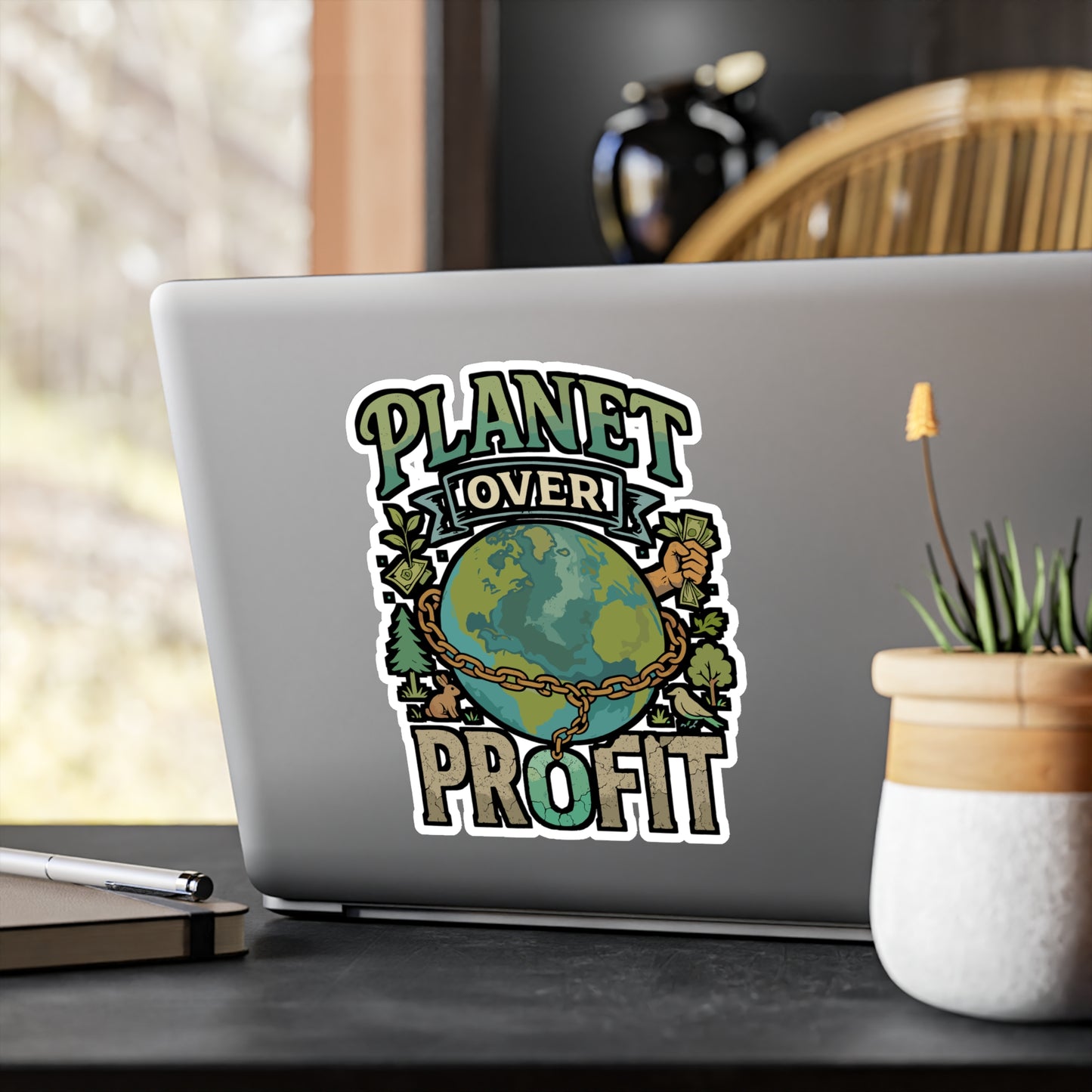 Planet Over Profit – Environmental Vinyl Sticker for Laptop or Water Bottle | Earth Day, Eco Activist Gift