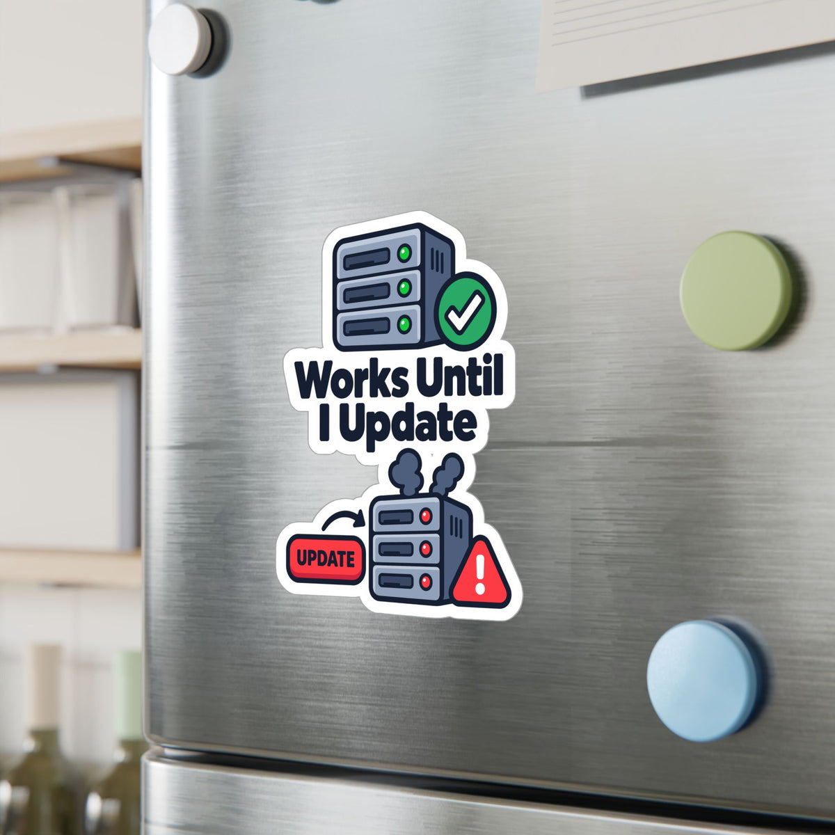 Tech Sticker Works Until I Update – Funny Reboot Button Bandage Design, Decals for Laptop and Water Bottle