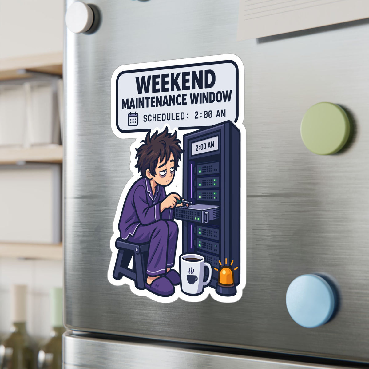 Tech Sticker - Weekend Maintenance Window with Reboot Button and Bandage Design, Decals for Laptop and Water Bottle