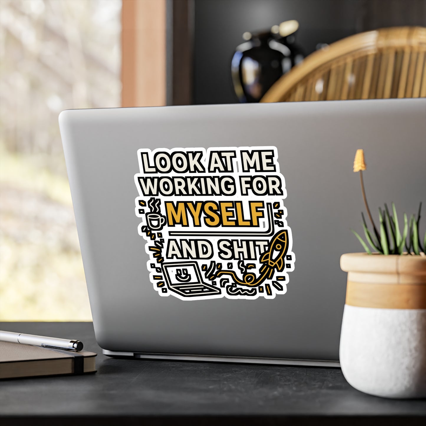 Look At Me Working For Myself And Shit – Entrepreneur Sticker for Laptop, Water Bottle, Vinyl Decal | Funny Business Gift