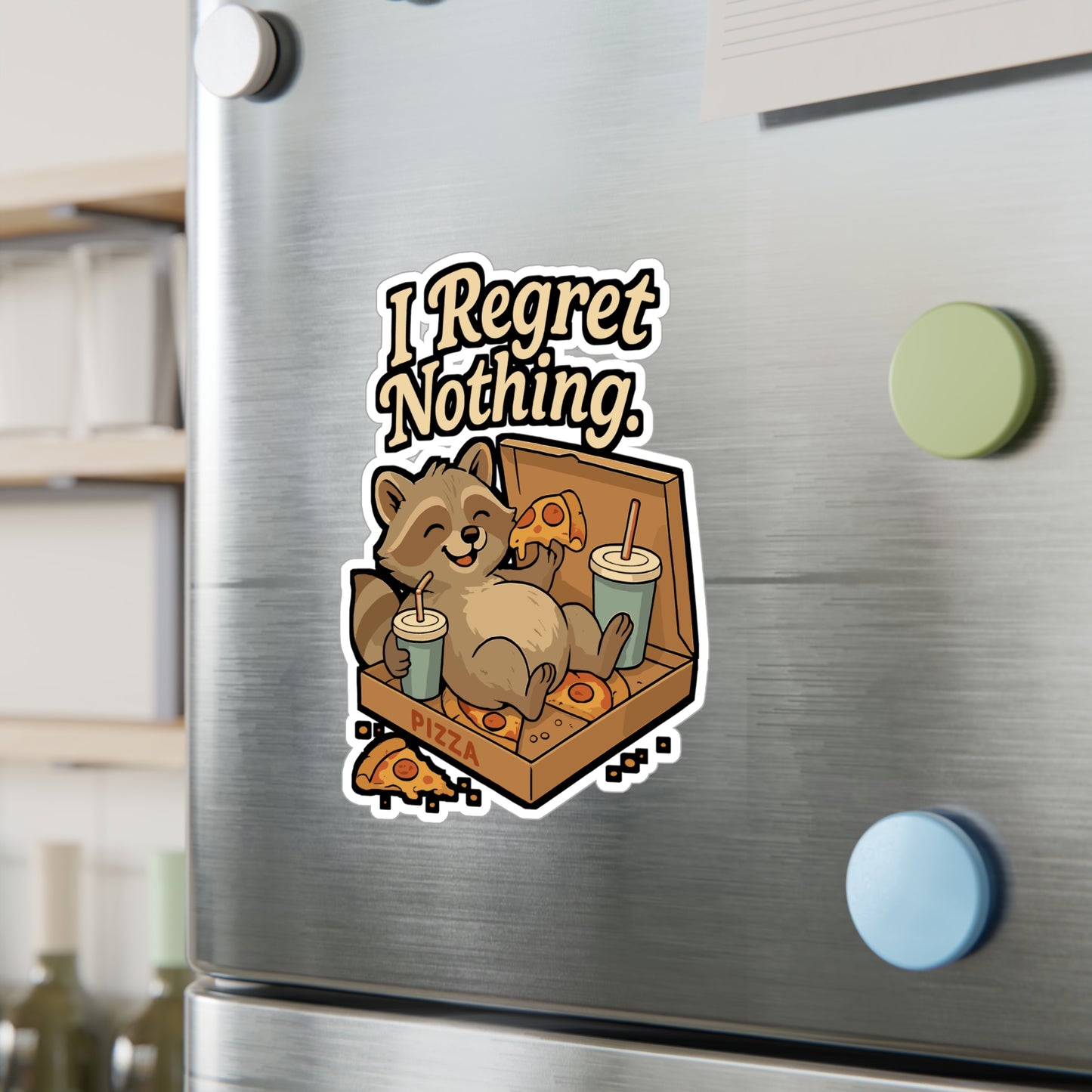 Lazy Sticker – "I Regret Nothing" Raccoon Pizza Decals, Funny Snack Vinyl Waterproof Sticker for Laptop, Water Bottle, Durable Decor